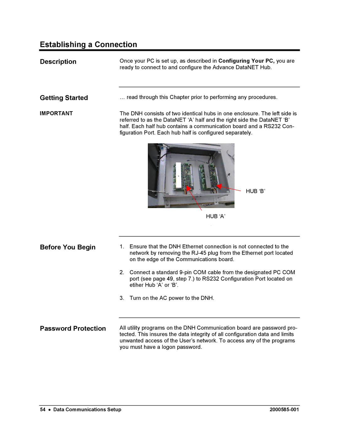 Siemens DataNET Hub (DNH) user manual Establishing a Connection, Getting Started, Before You Begin Password Protection 