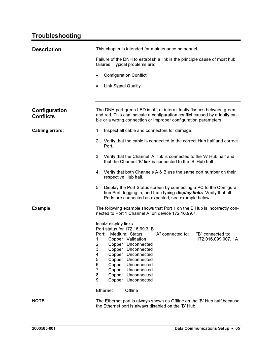 Siemens DataNET Hub (DNH) user manual Troubleshooting, Configuration Conflicts, Cabling errors Example 