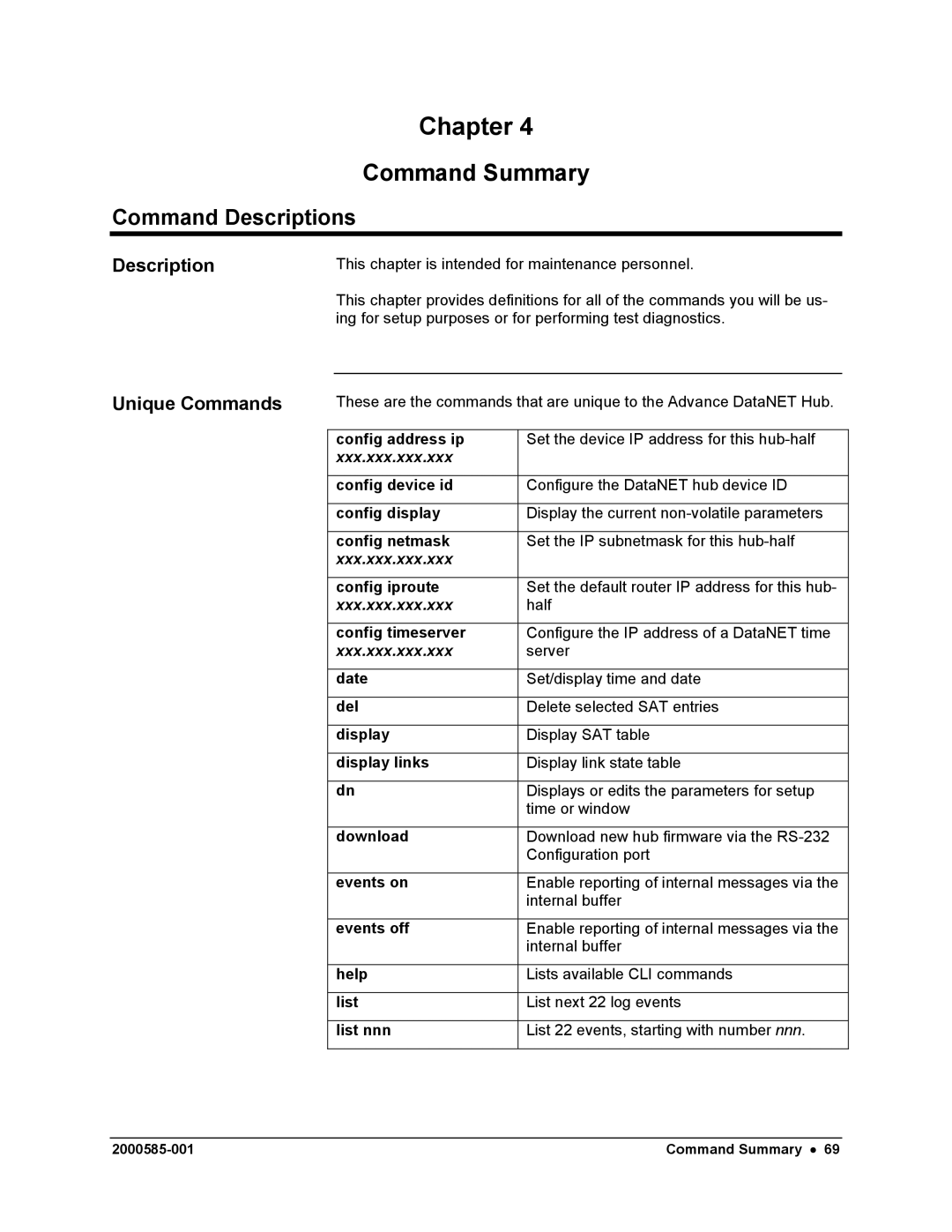 Siemens DataNET Hub (DNH) user manual Command Descriptions, Description Unique Commands 