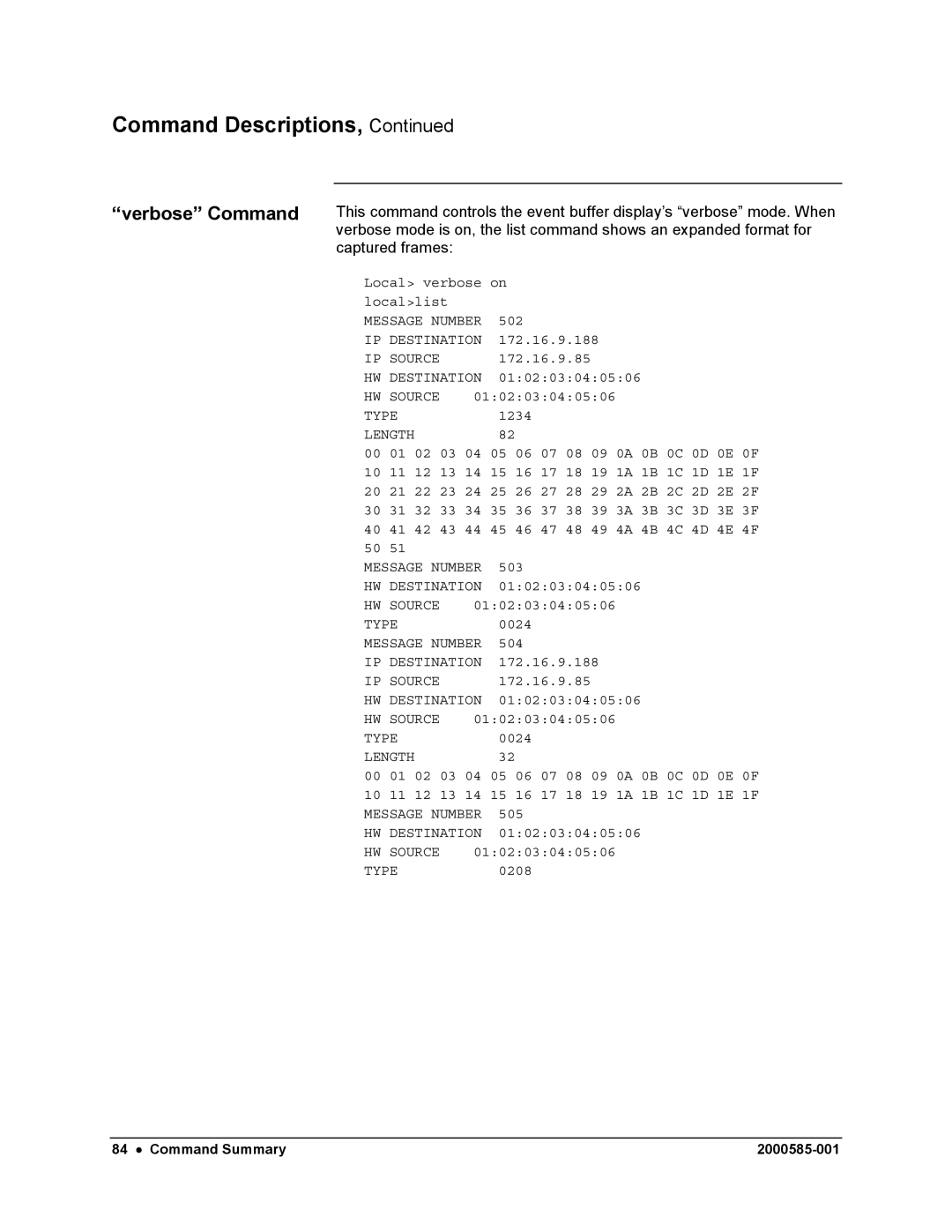 Siemens DataNET Hub (DNH) user manual Verbose Command, Captured frames 