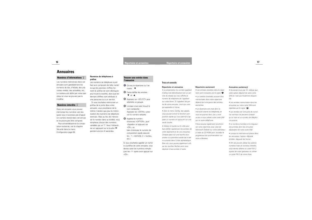 Siemens DK-9490 Pandrup manual Numéros dinformations, Numéros interdits, Trouver une entrée dans Lannuaire 