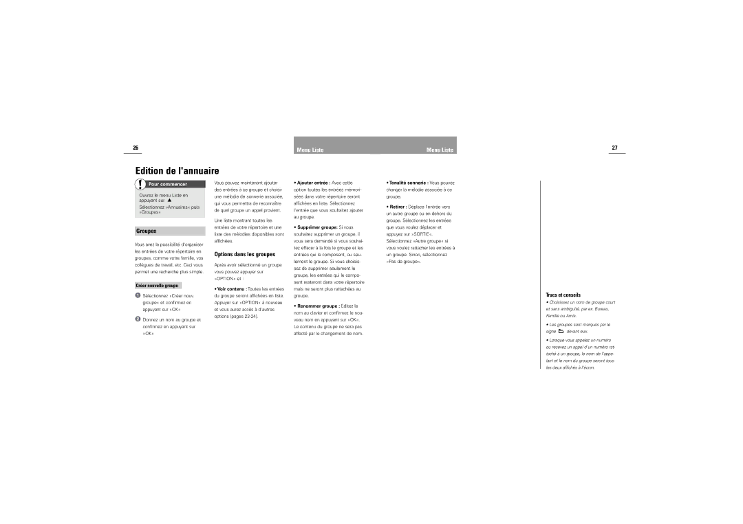 Siemens DK-9490 Pandrup manual Groupes, Options dans les groupes 