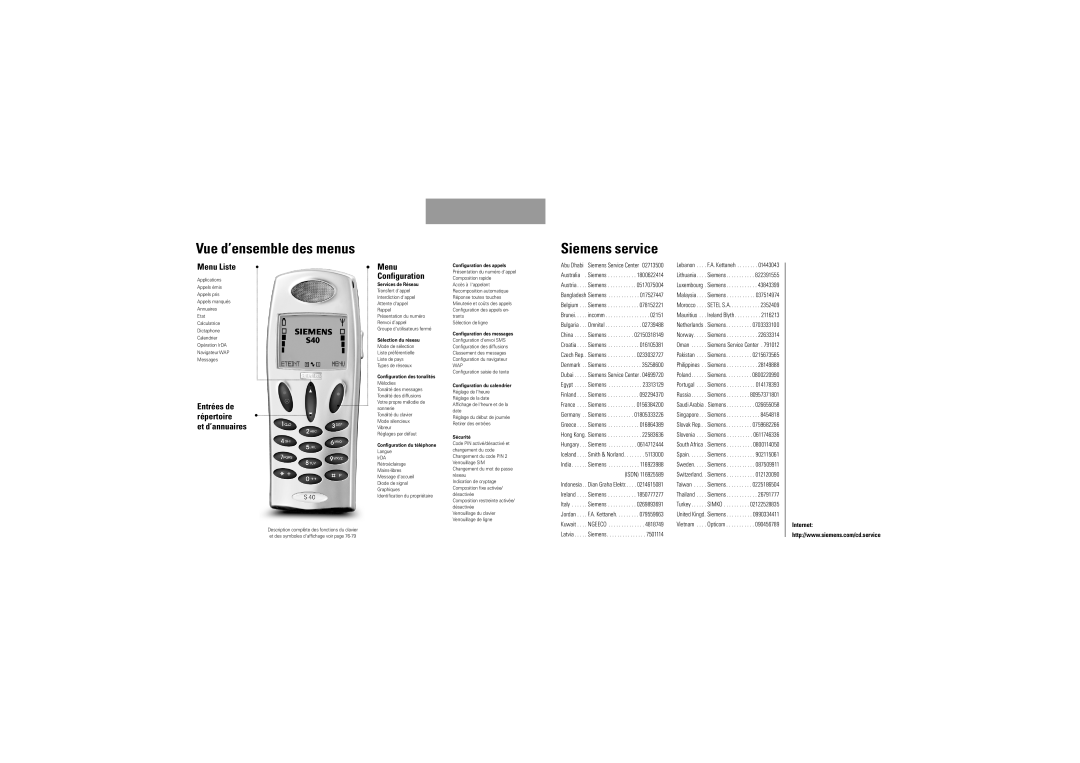 Siemens DK-9490 Pandrup manual Siemens service, Menu Liste, Et d’annuaires, Internet 