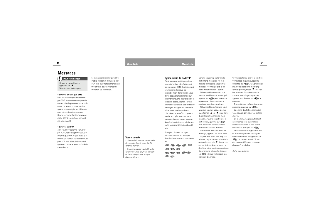 Siemens DK-9490 Pandrup manual Option saisie de texte T9, Envoyer en tant que SMS, Envoyer par IrDA 