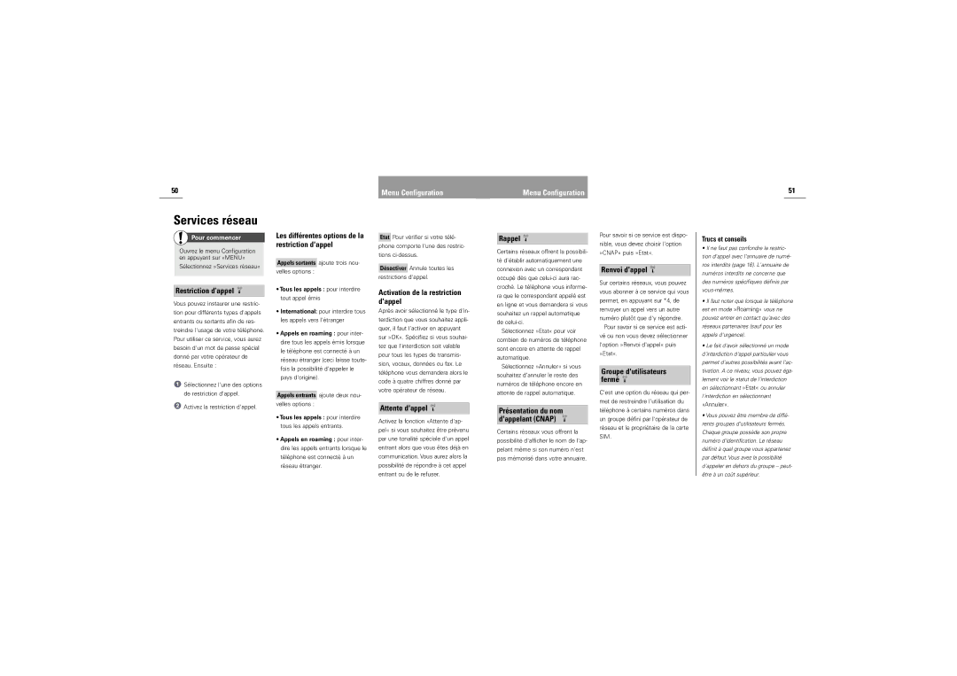 Siemens DK-9490 Pandrup Restriction d’appel, Activation de la restriction dappel, Attente dappel, Rappel, Renvoi dappel 