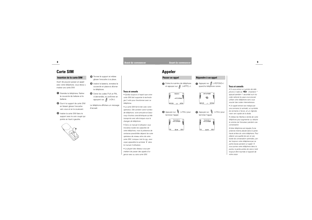 Siemens DK-9490 Pandrup manual Carte SIM, Appeler, Insertion de la carte SIM, Répondre à un appel 