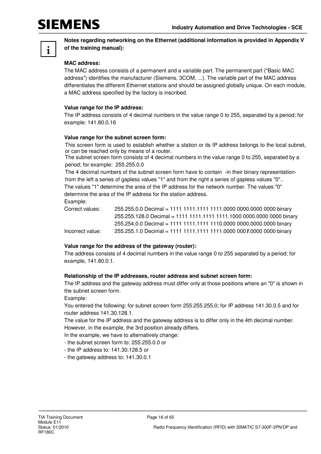 Siemens DP, S7-300F-2 PN manual Industry Automation and Drive Technologies SCE MAC address, Value range for the IP address 