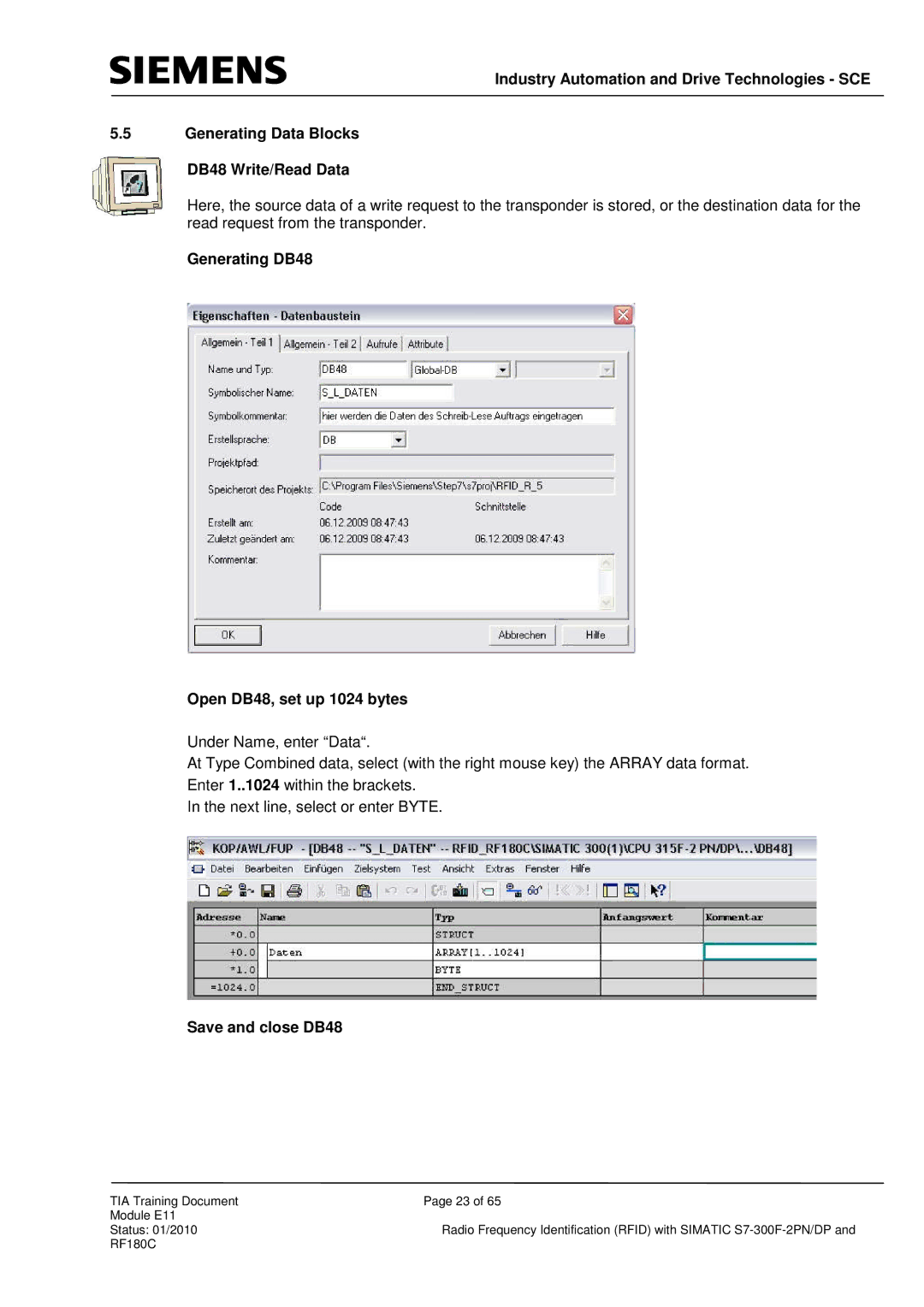 Siemens S7-300F-2 PN, DP manual Generating DB48 Open DB48, set up 1024 bytes, Save and close DB48 