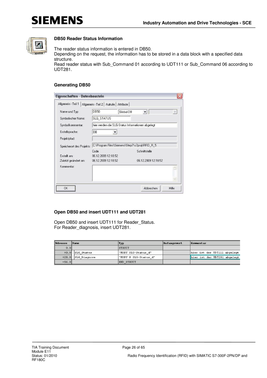 Siemens DP, S7-300F-2 PN manual Generating DB50 Open DB50 and insert UDT111 and UDT281 