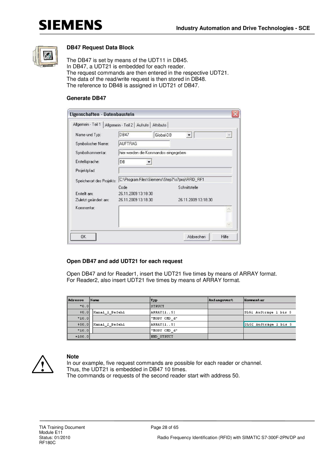 Siemens DP, S7-300F-2 PN manual Generate DB47 Open DB47 and add UDT21 for each request 