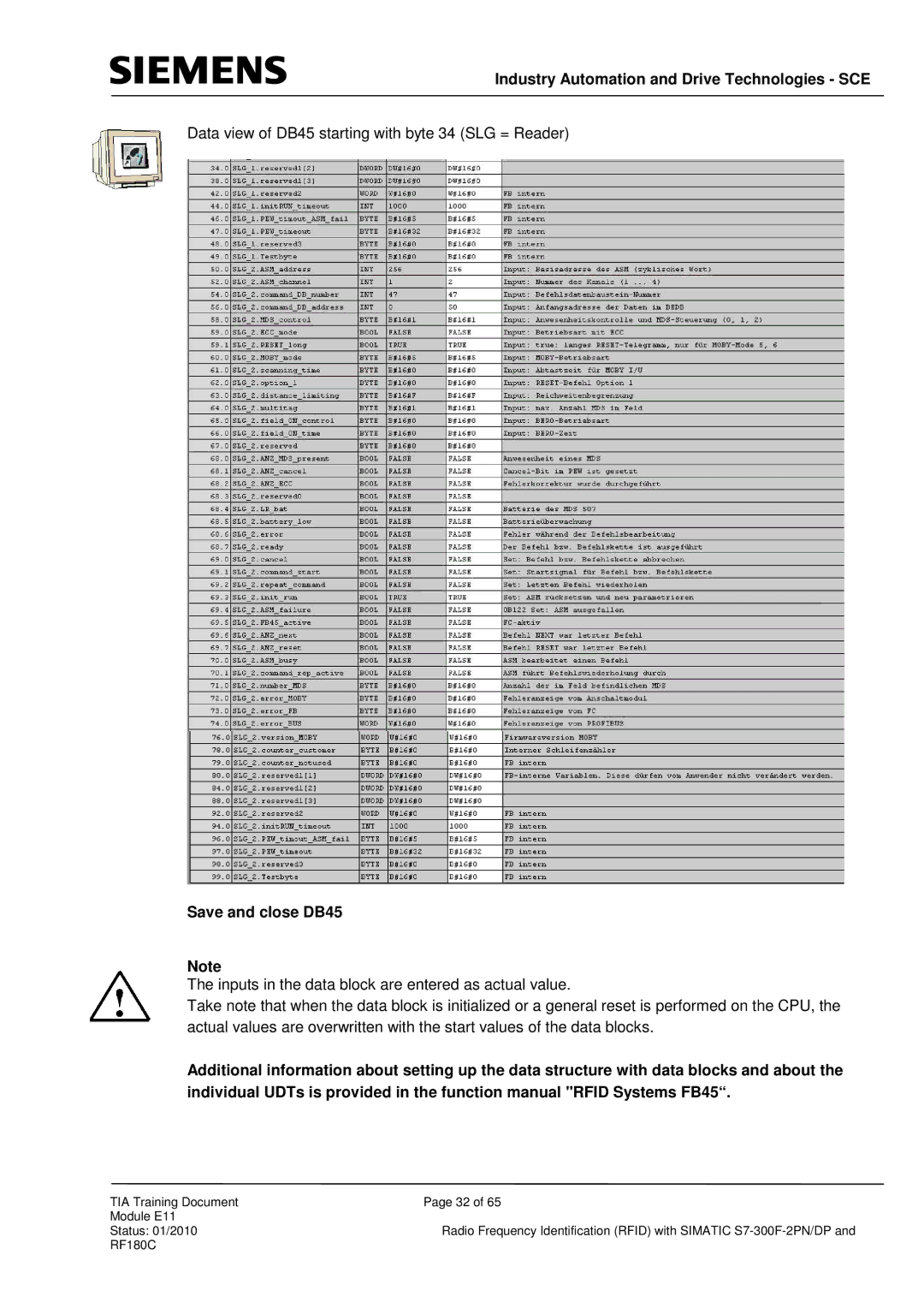 Siemens DP, S7-300F-2 PN manual Industry Automation and Drive Technologies SCE, Save and close DB45 