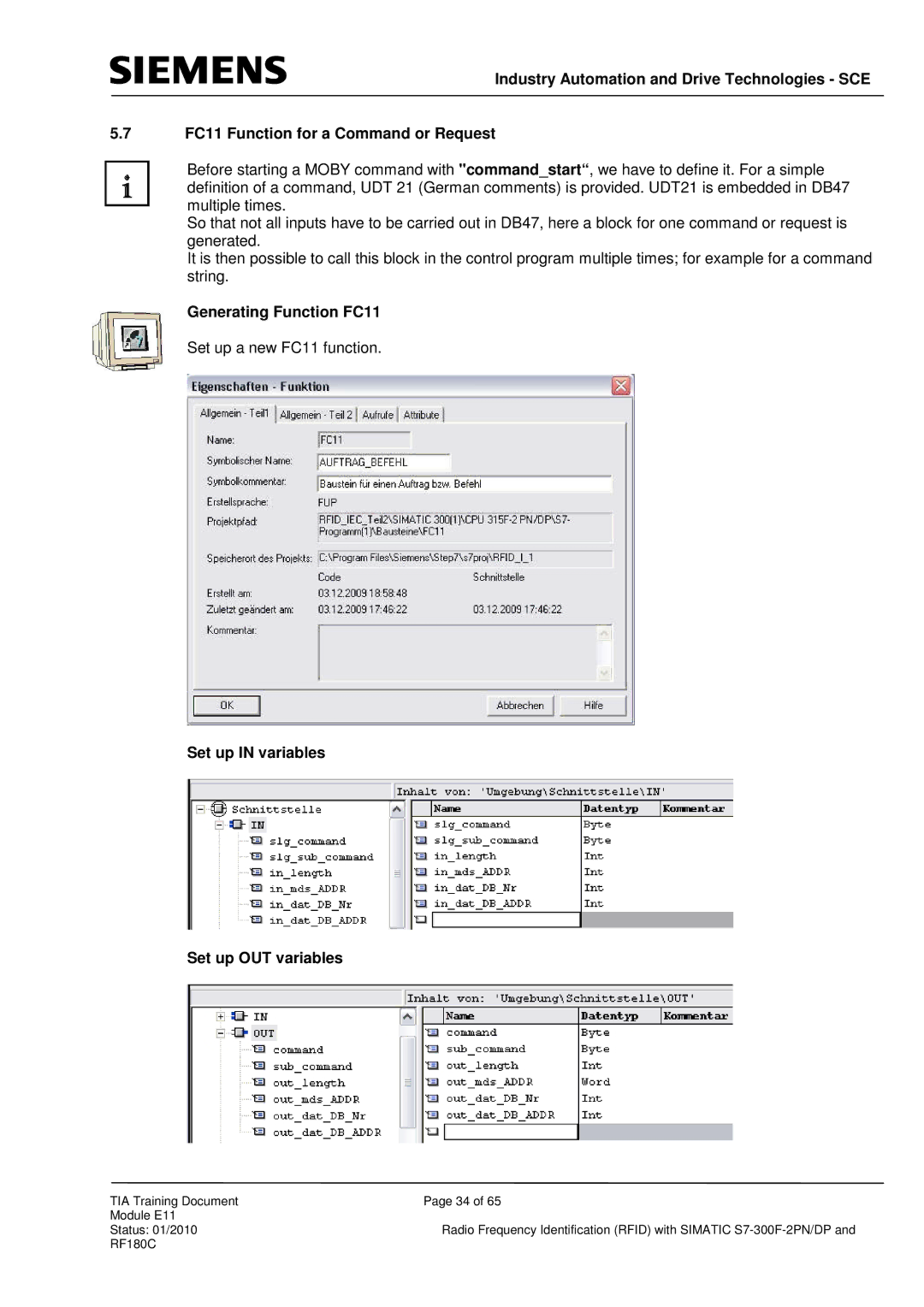 Siemens DP, S7-300F-2 PN manual Generating Function FC11, Set up in variables Set up OUT variables 