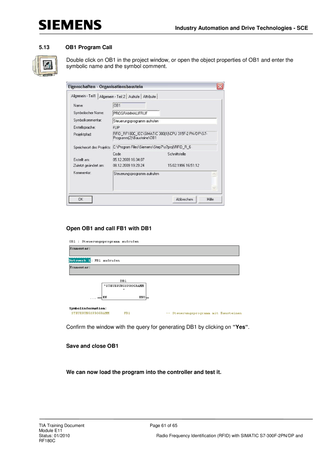 Siemens S7-300F-2 PN, DP manual Open OB1 and call FB1 with DB1 