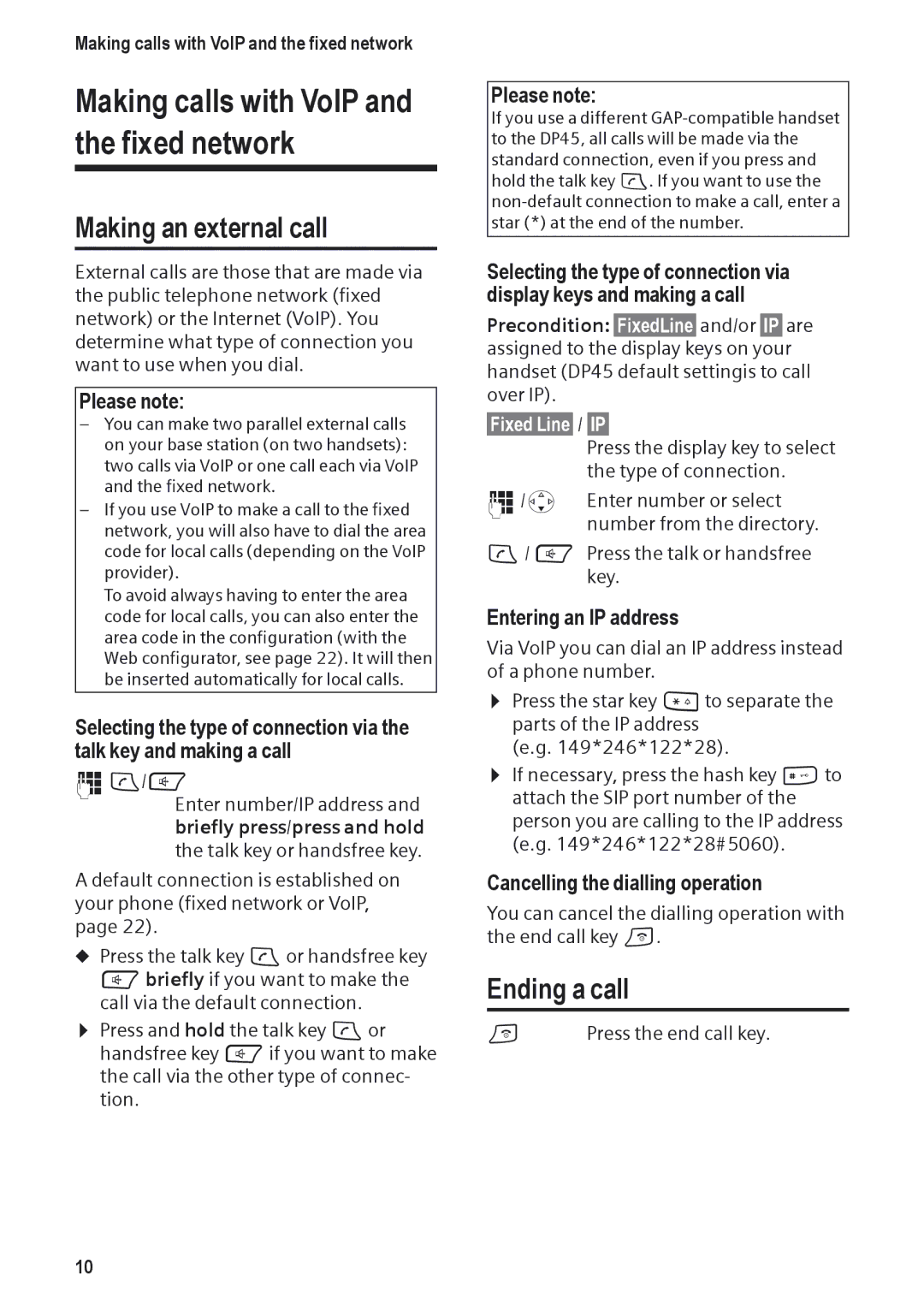 Siemens DP450 Making calls with VoIP and the fixed network, Making an external call, Ending a call, Entering an IP address 