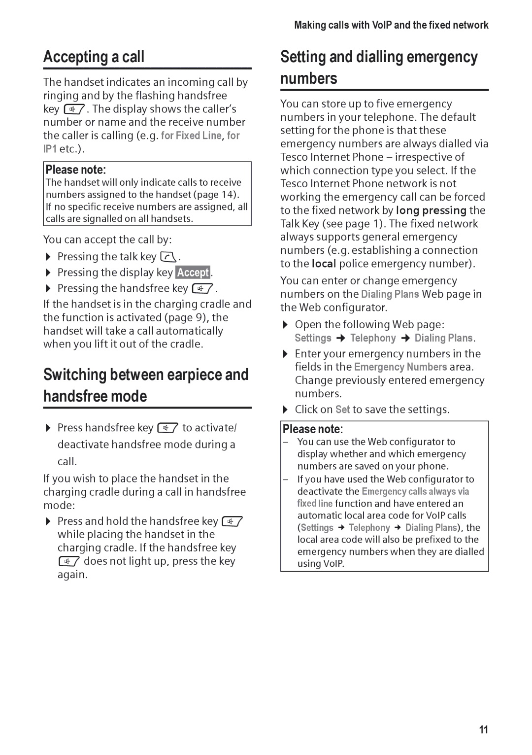 Siemens DP450 Accepting a call, Switching between earpiece and handsfree mode, Setting and dialling emergency numbers 