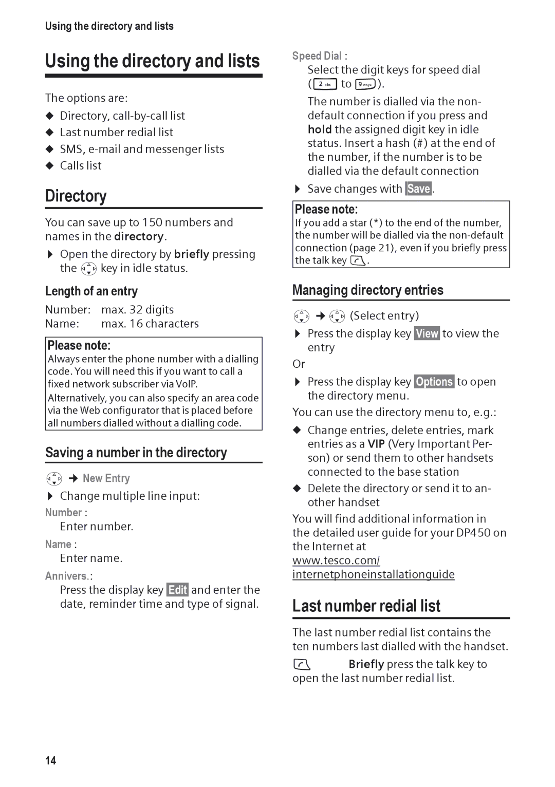 Siemens DP450 manual Using the directory and lists, Directory, Last number redial list, Saving a number in the directory 