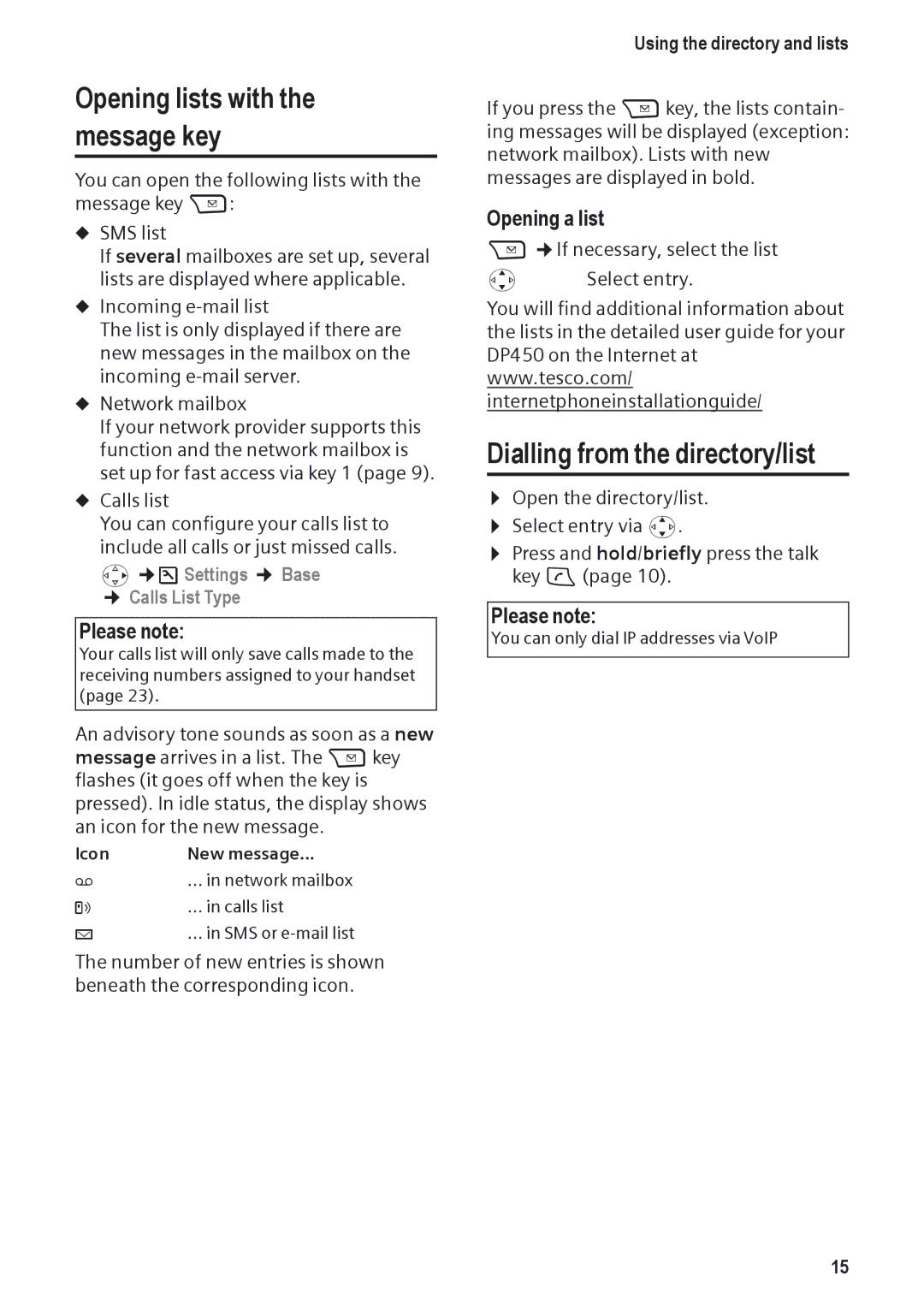 Siemens DP450 Opening lists with the message key, Dialling from the directory/list, Opening a list, ¢ Calls List Type 