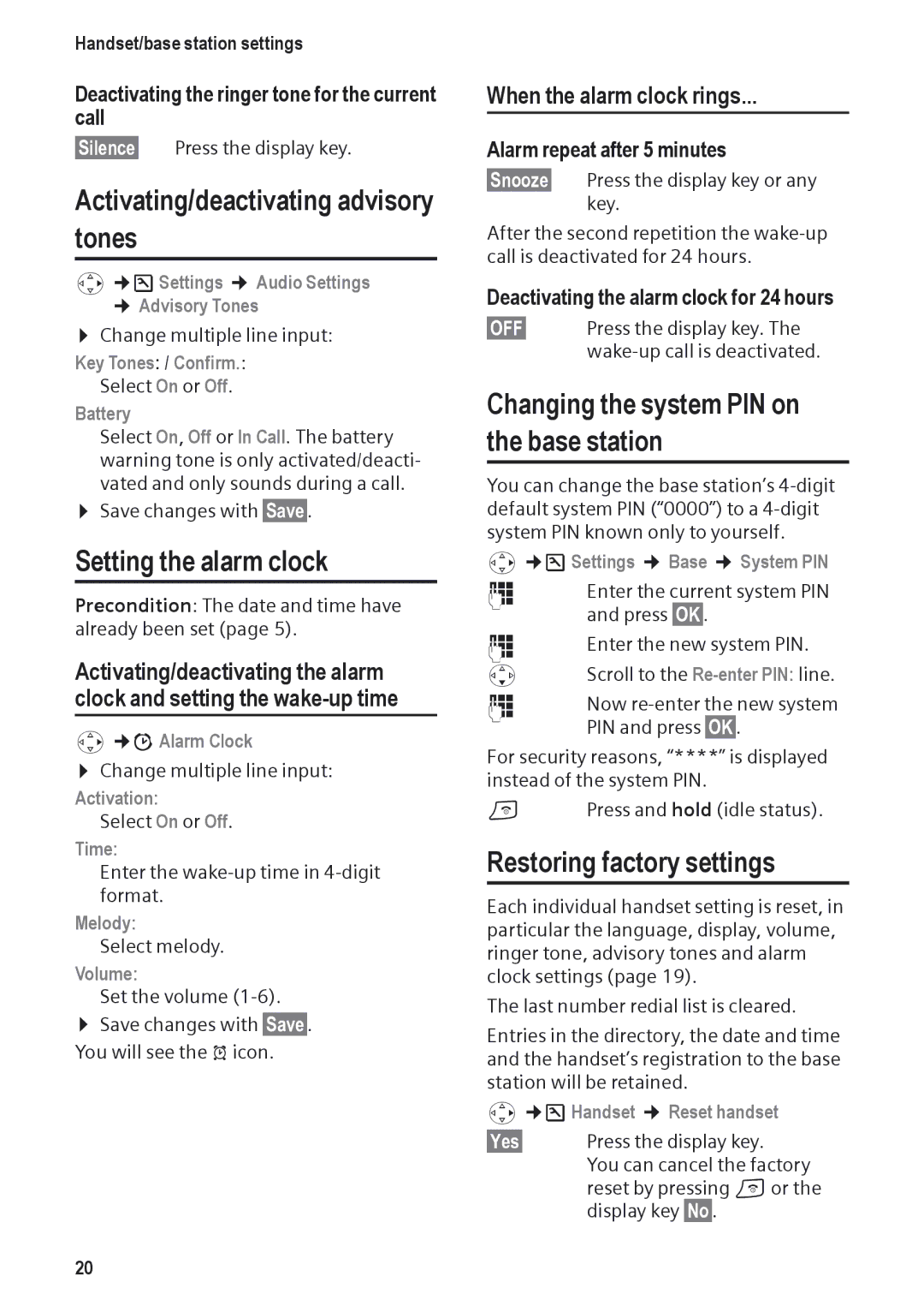 Siemens DP450 Activating/deactivating advisory Tones, Setting the alarm clock, Changing the system PIN on the base station 