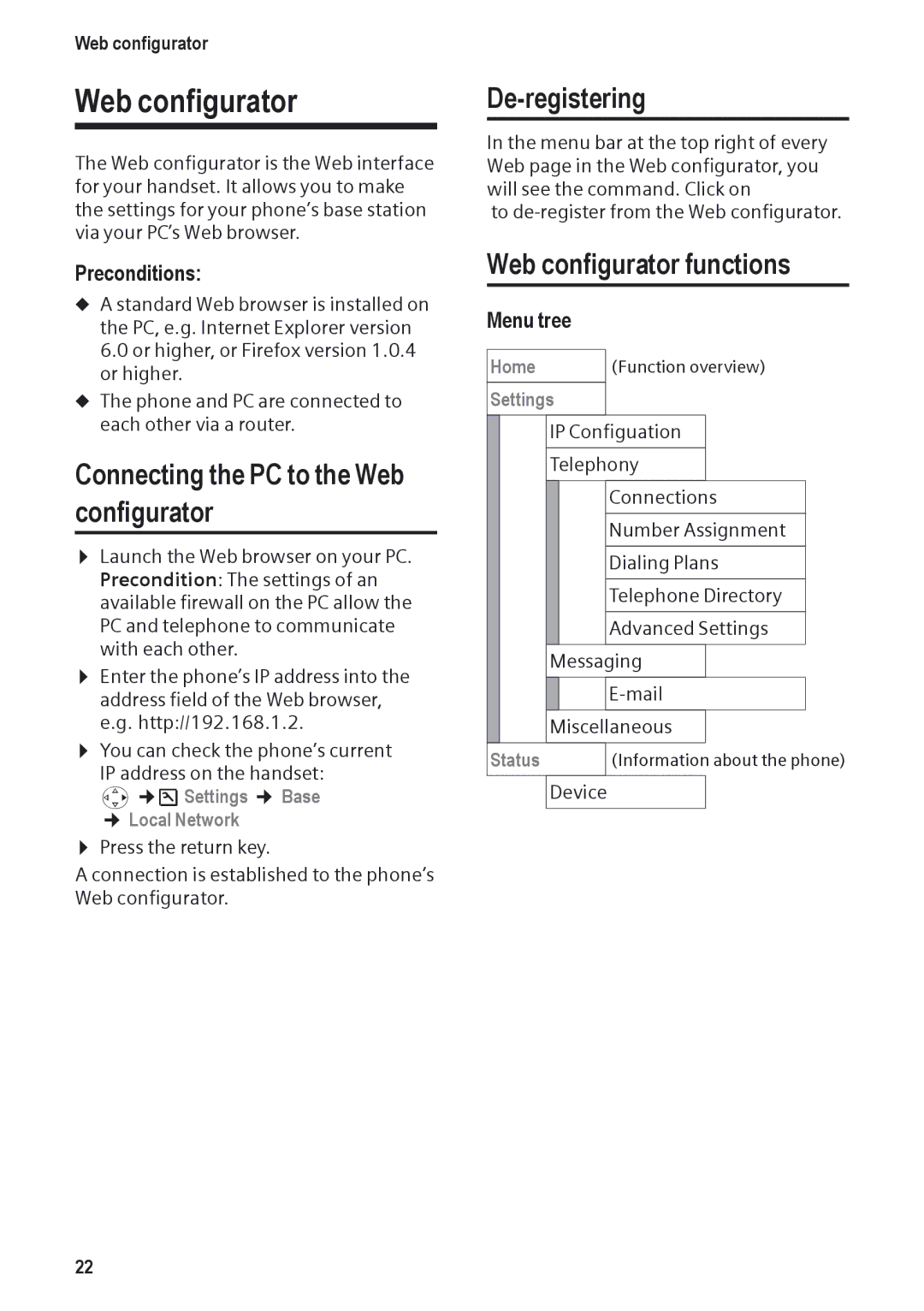 Siemens DP450 manual Connecting the PC to the Web configurator, De-registering, Web configurator functions, Menu tree 