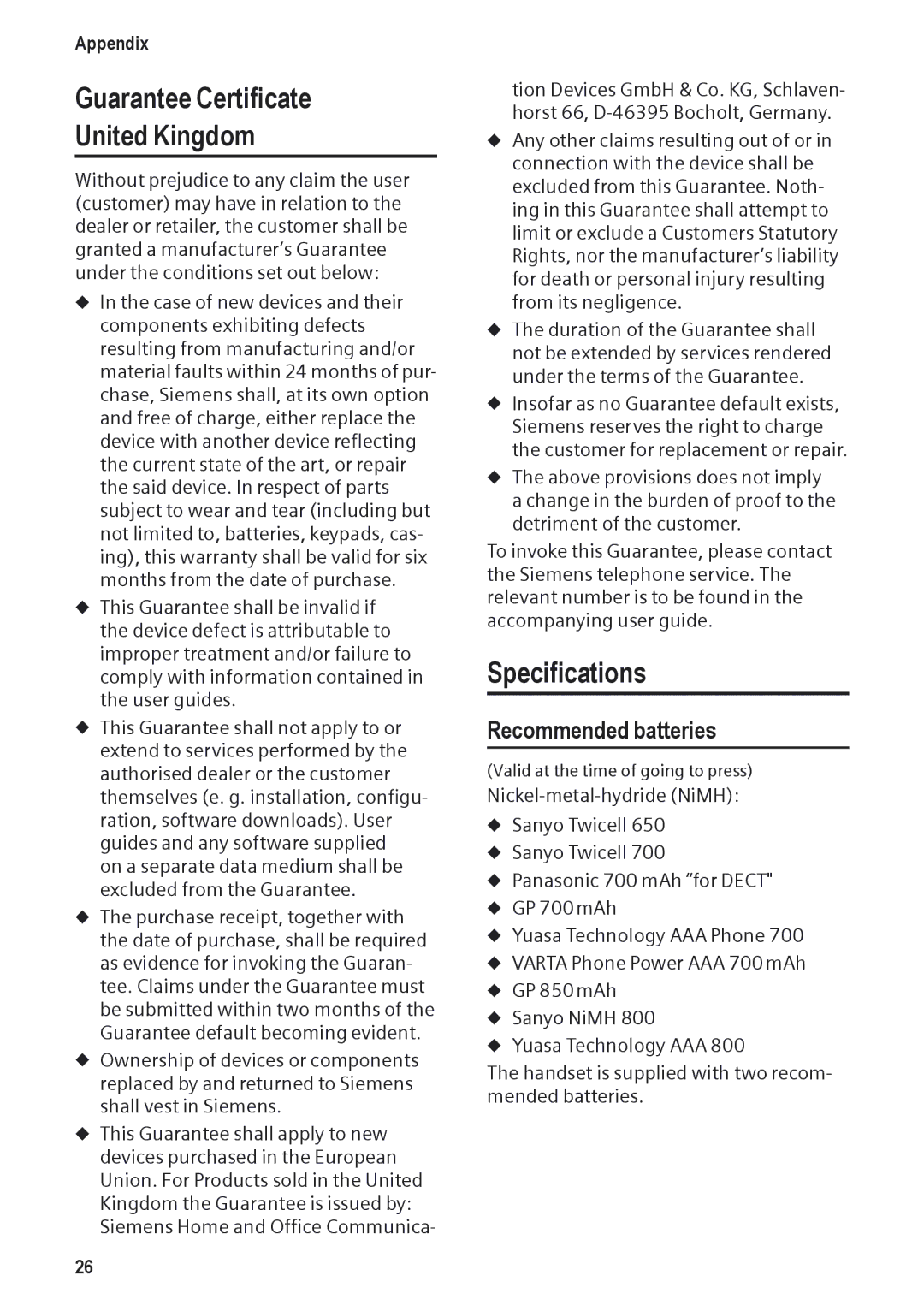Siemens DP450 manual Guarantee Certificate United Kingdom, Specifications, Recommended batteries 