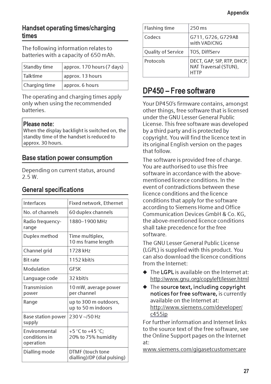 Siemens manual DP450 Free software, Handset operating times/charging times, Base station power consumption 