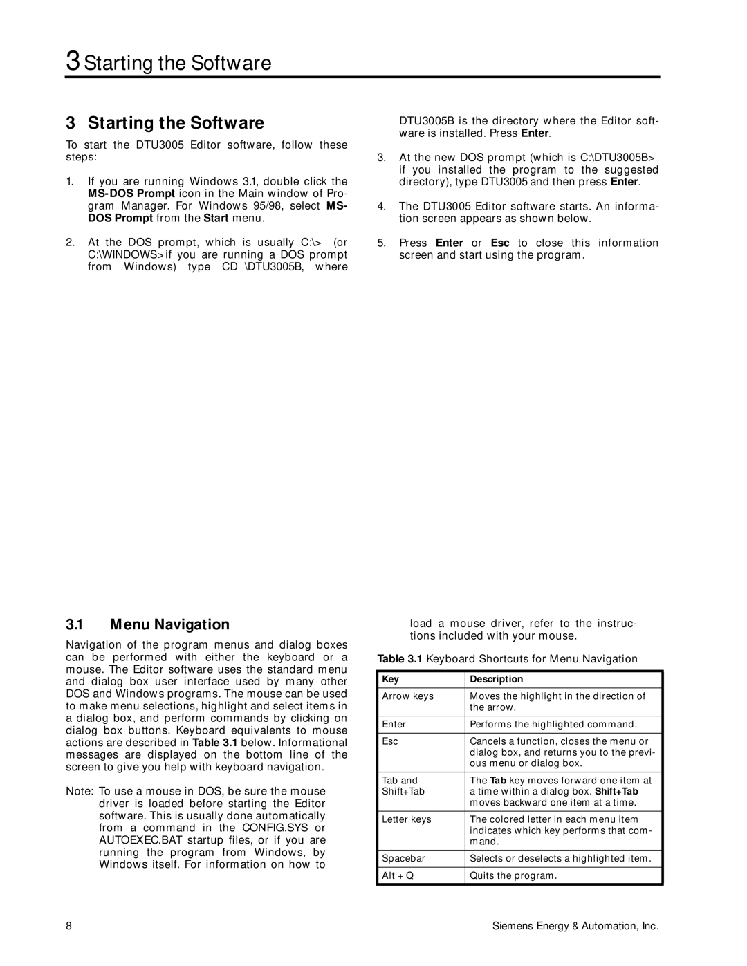 Siemens DTU3005-B manual Starting the Software, Menu Navigation 