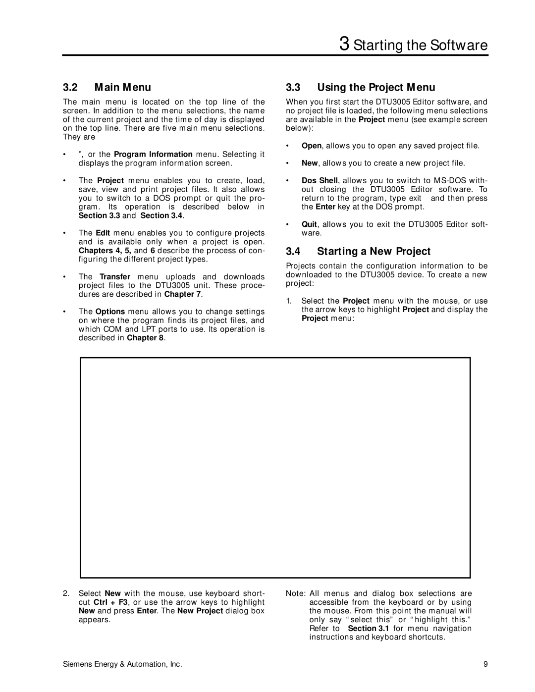 Siemens DTU3005-B manual Main Menu, Using the Project Menu, Starting a New Project 