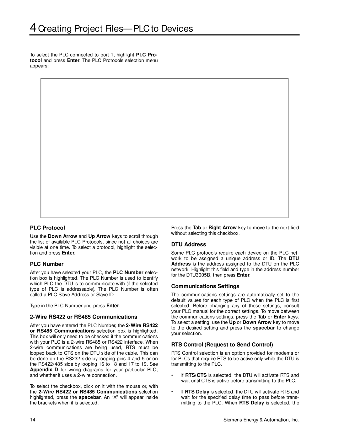 Siemens DTU3005-B manual PLC Protocol, DTU Address, PLC Number, Communications Settings, Wire RS422 or RS485 Communications 