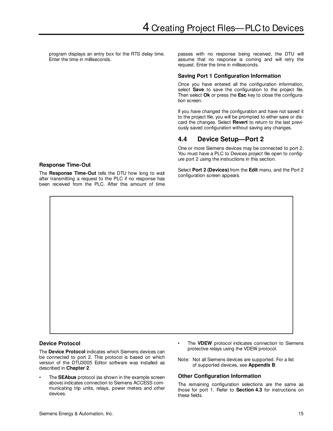 Siemens DTU3005-B manual Device Setup-Port, Response Time-Out, Saving Port 1 Configuration Information, Device Protocol 