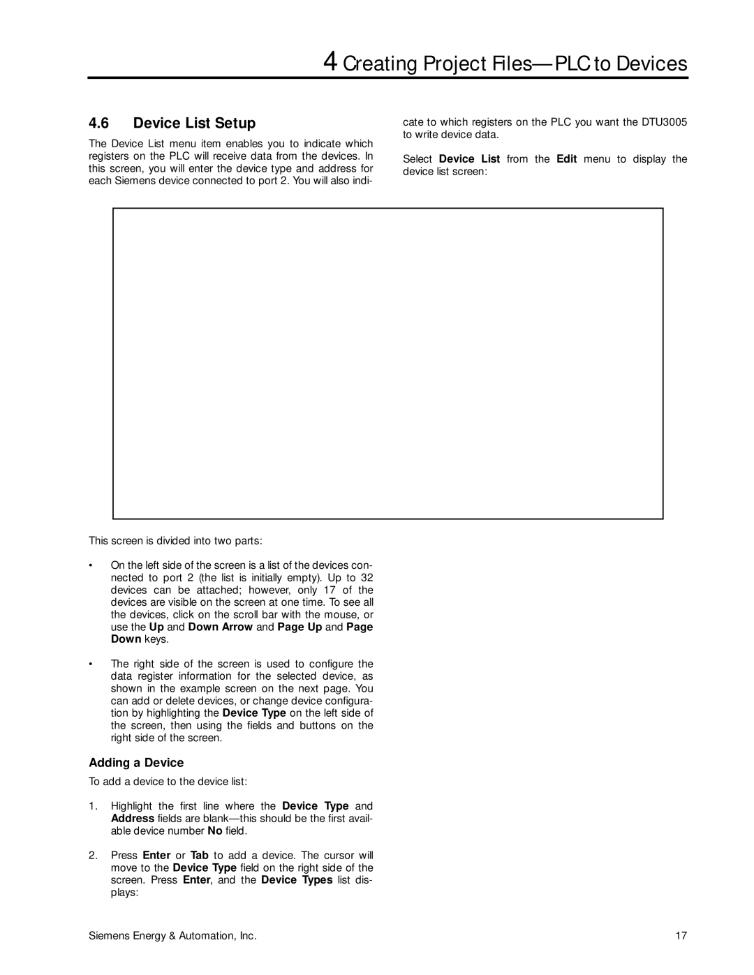 Siemens DTU3005-B manual Device List Setup, Adding a Device 