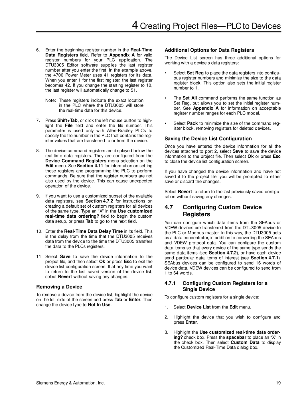 Siemens DTU3005-B manual Configuring Custom Device Registers, Removing a Device, Additional Options for Data Registers 