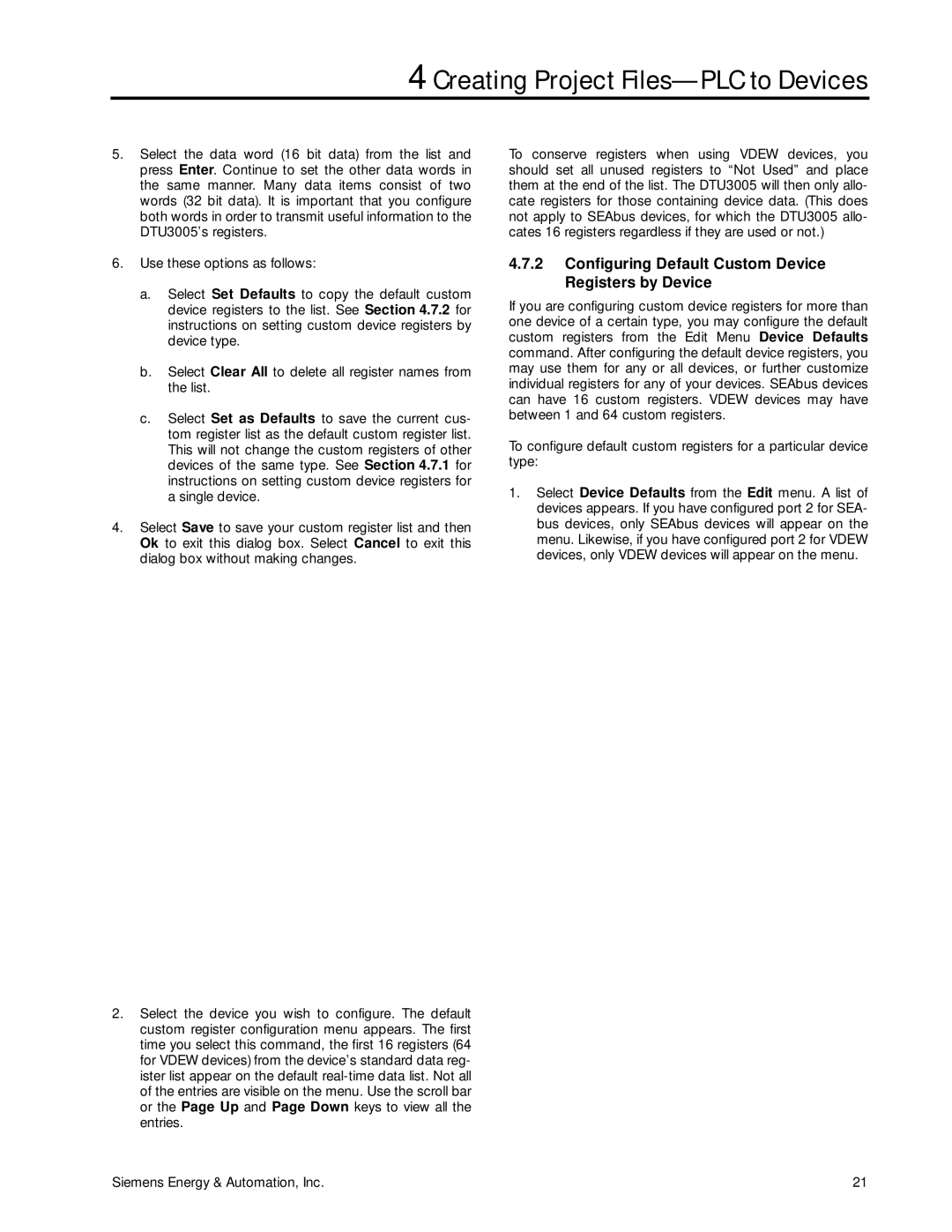 Siemens DTU3005-B manual Configuring Default Custom Device Registers by Device 