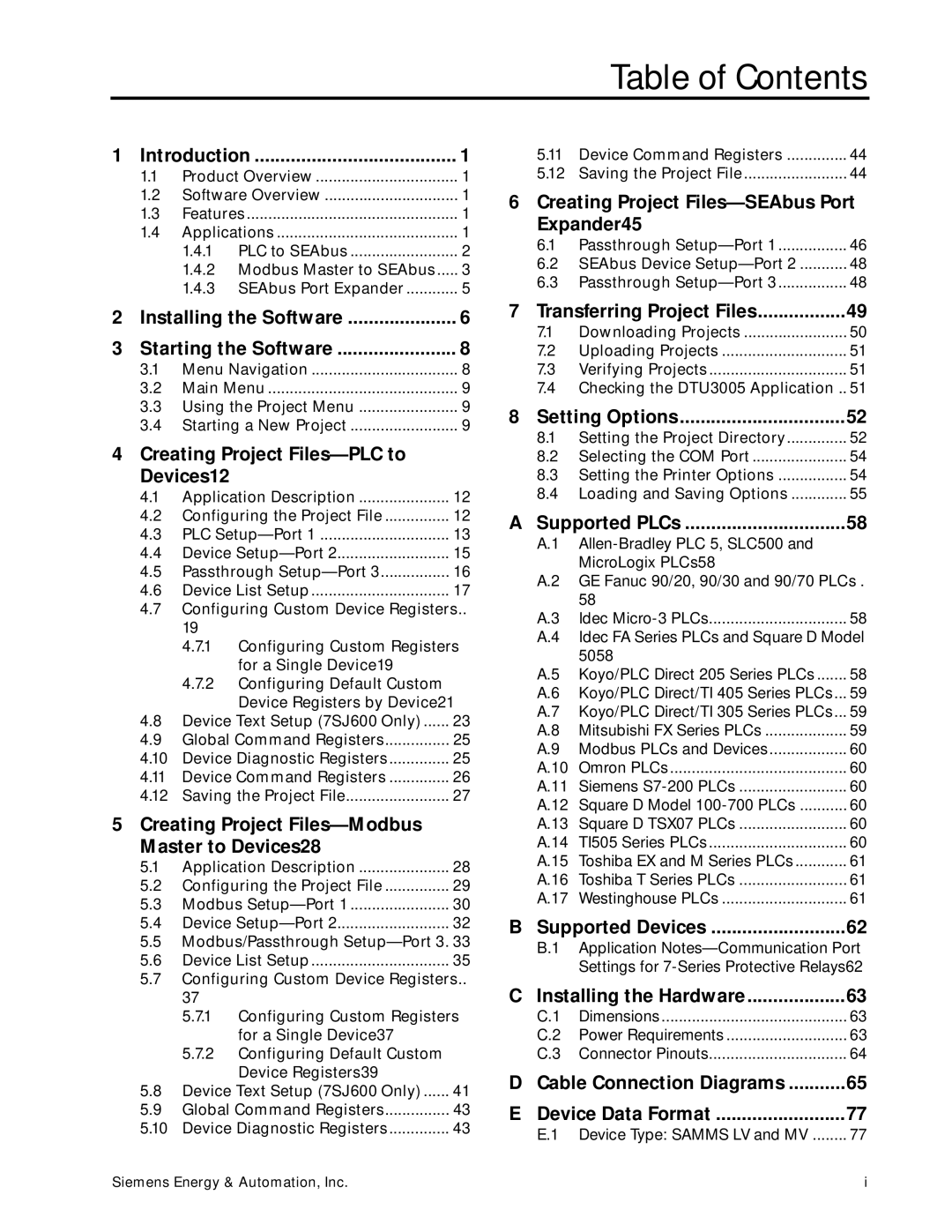 Siemens DTU3005-B manual Table of Contents 