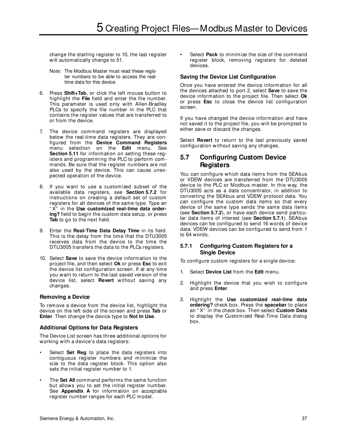 Siemens DTU3005-B manual Configuring Custom Device Registers 