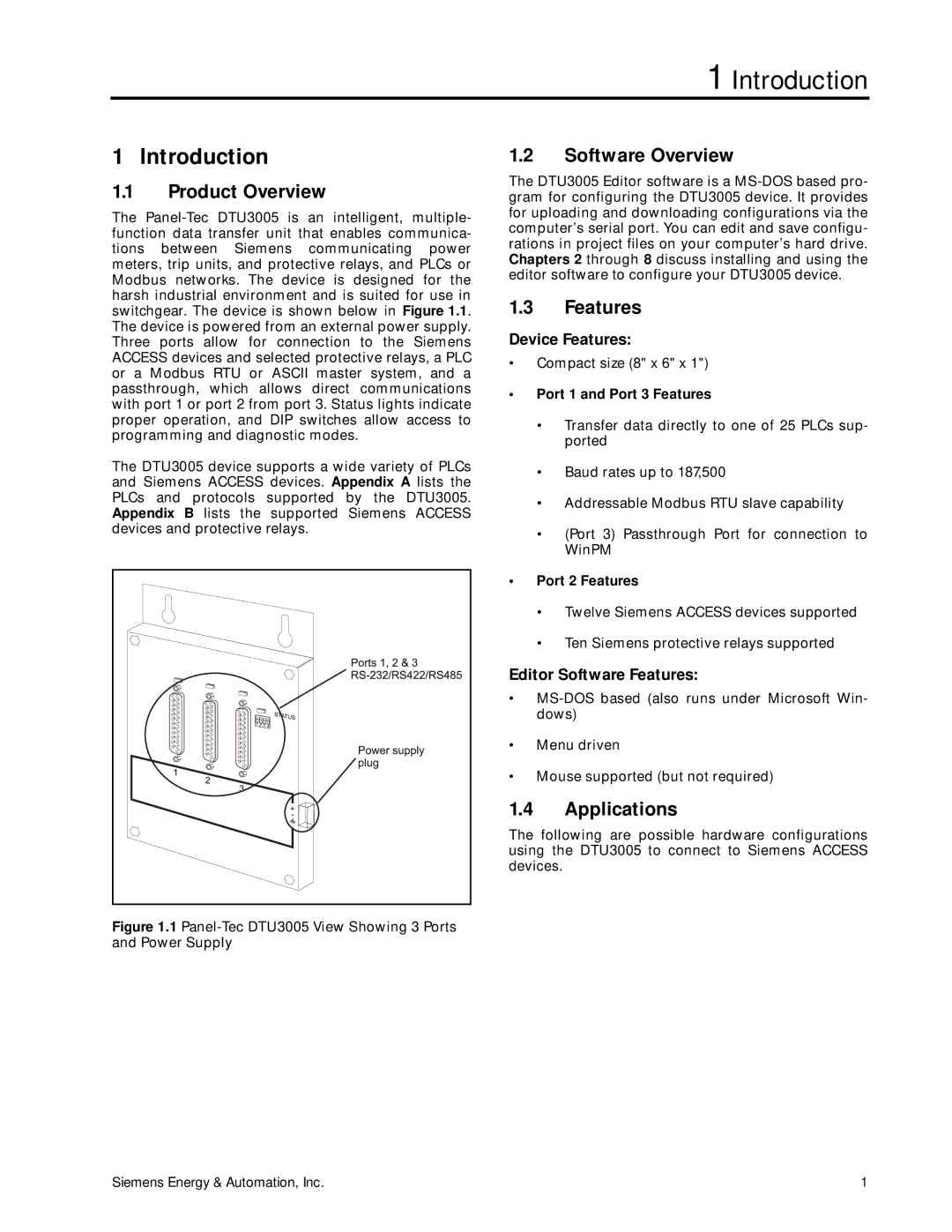 Siemens DTU3005-B manual Introduction, Product Overview, Software Overview, Features, Applications 