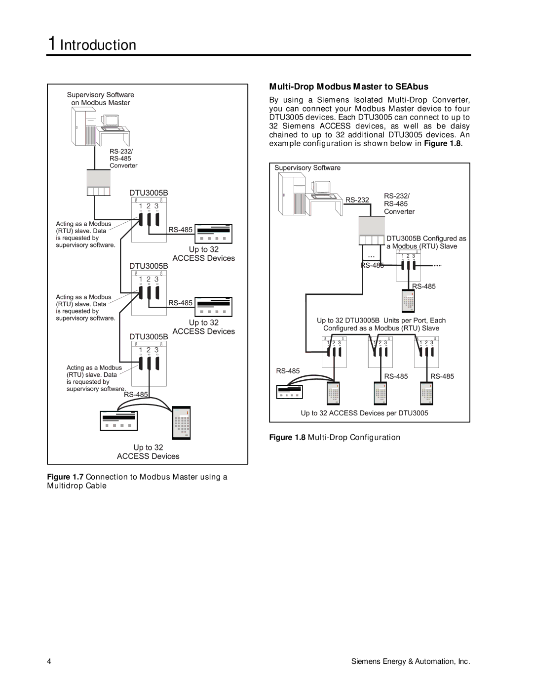 Siemens DTU3005-B manual Multi-Drop Modbus Master to SEAbus, Connection to Modbus Master using a Multidrop Cable 