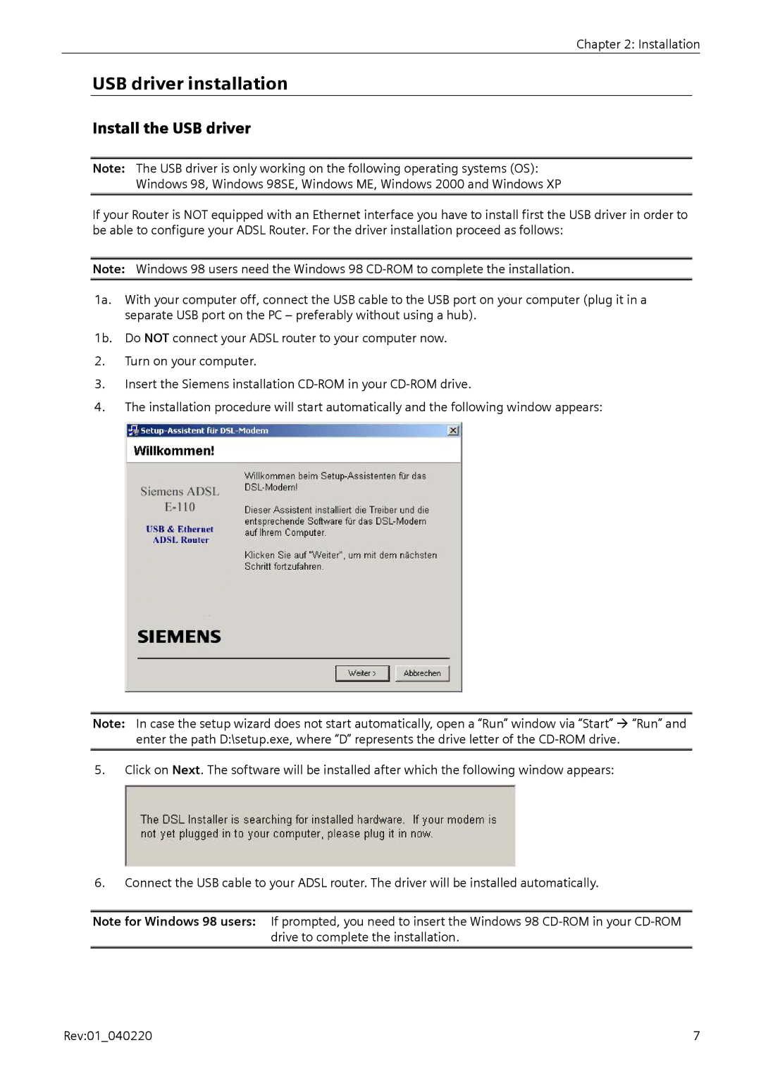 Siemens E-110-I user manual USB driver installation, Install the USB driver 