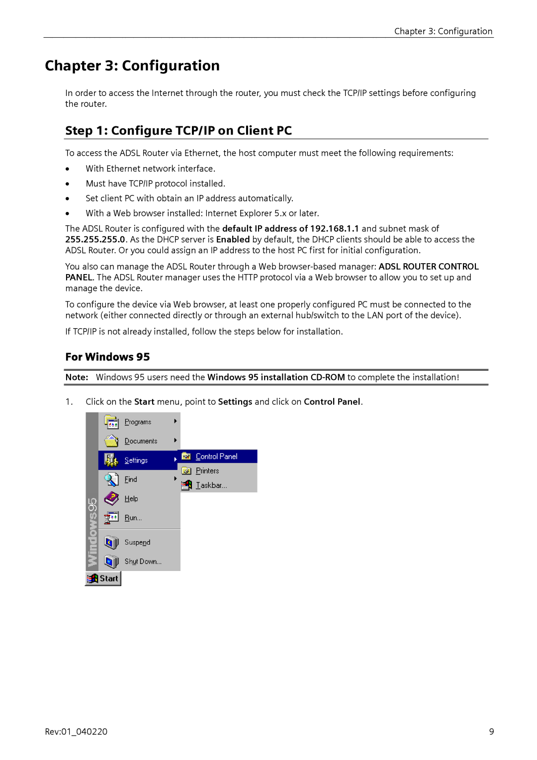 Siemens E-110-I user manual Configuration, Configure TCP/IP on Client PC, For Windows 