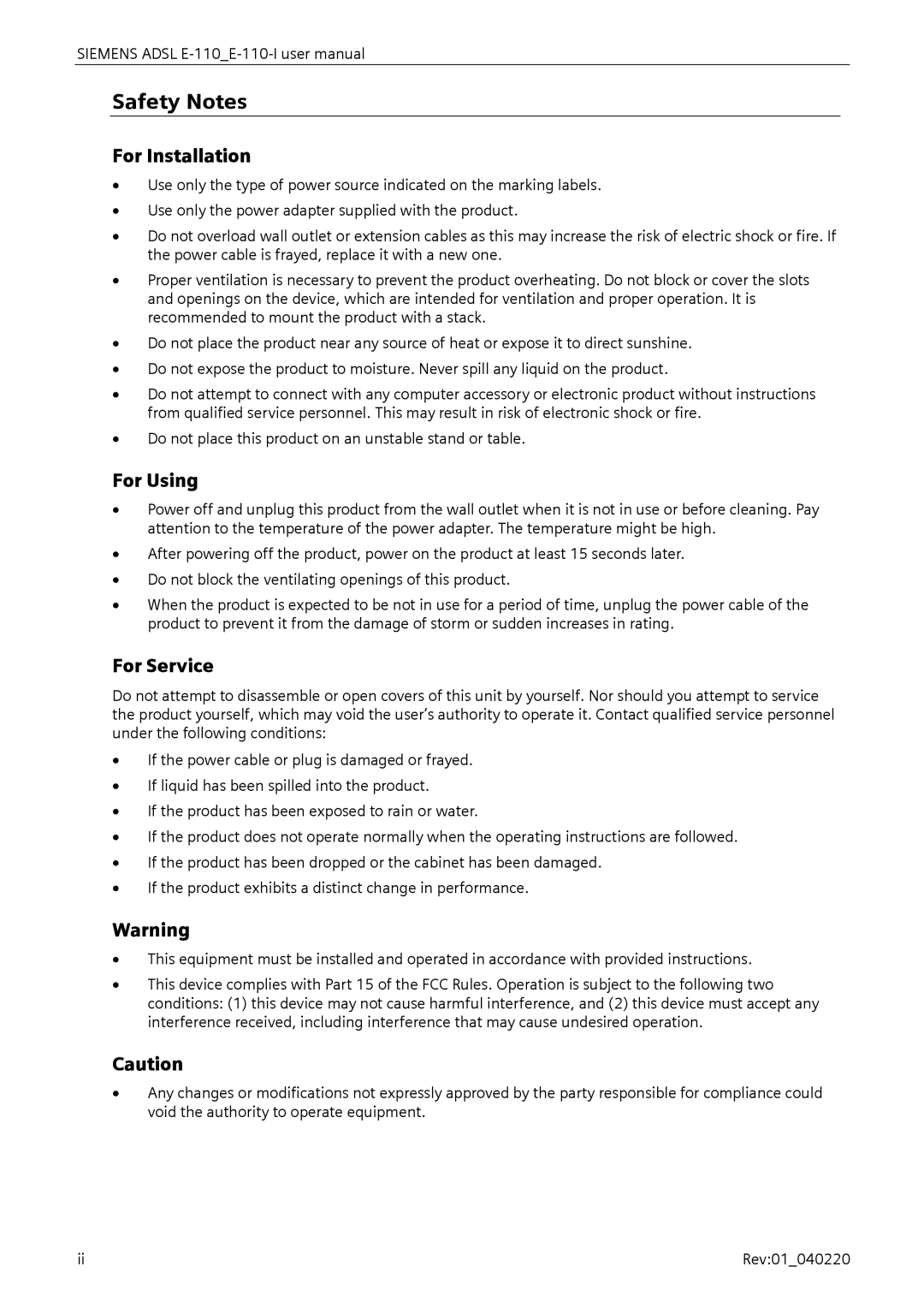 Siemens E-110-I user manual Safety Notes, For Installation, For Using, For Service 