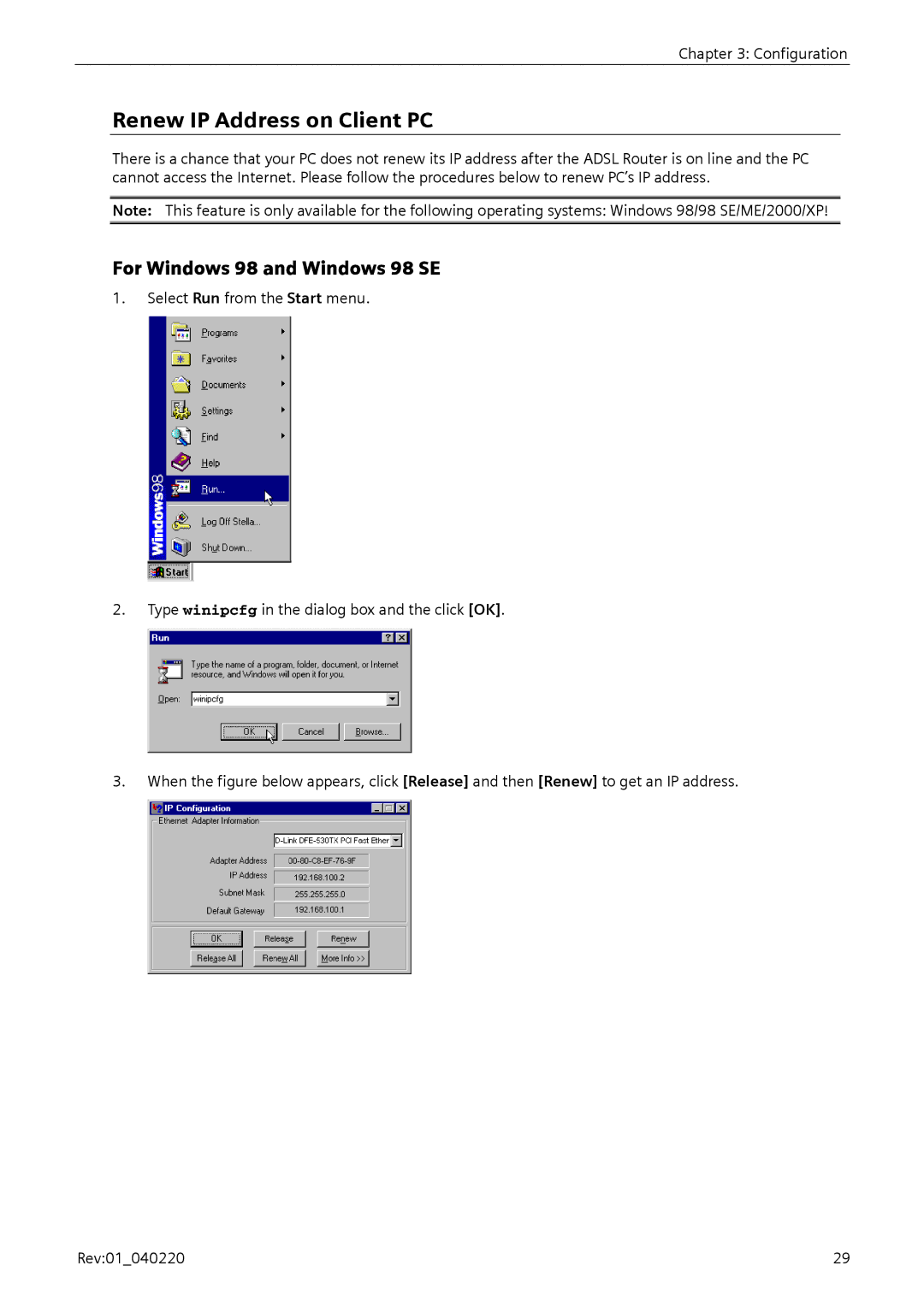 Siemens E-110-I user manual Renew IP Address on Client PC, For Windows 98 and Windows 98 SE 