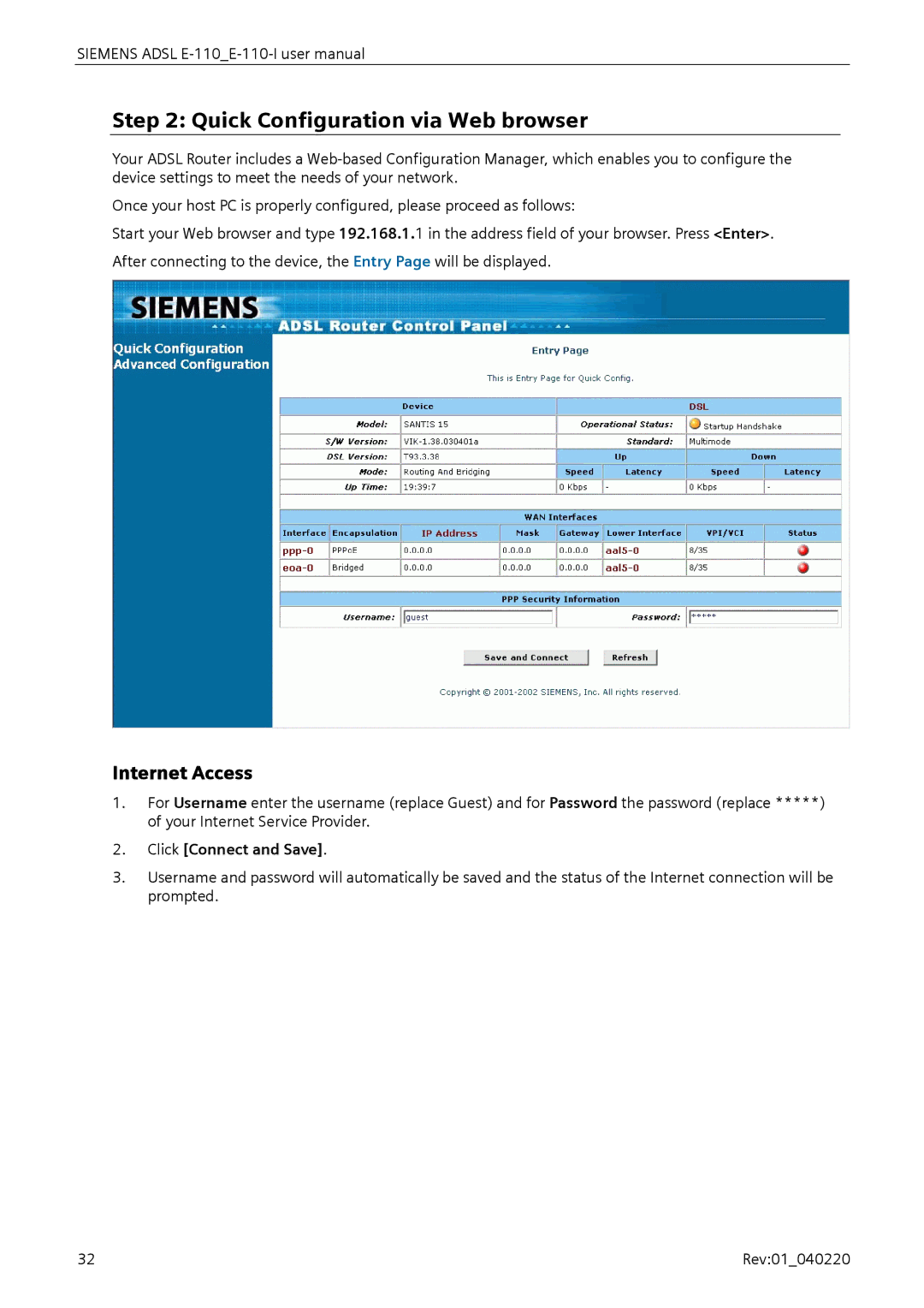 Siemens E-110-I user manual Quick Configuration via Web browser, Internet Access, Click Connect and Save 