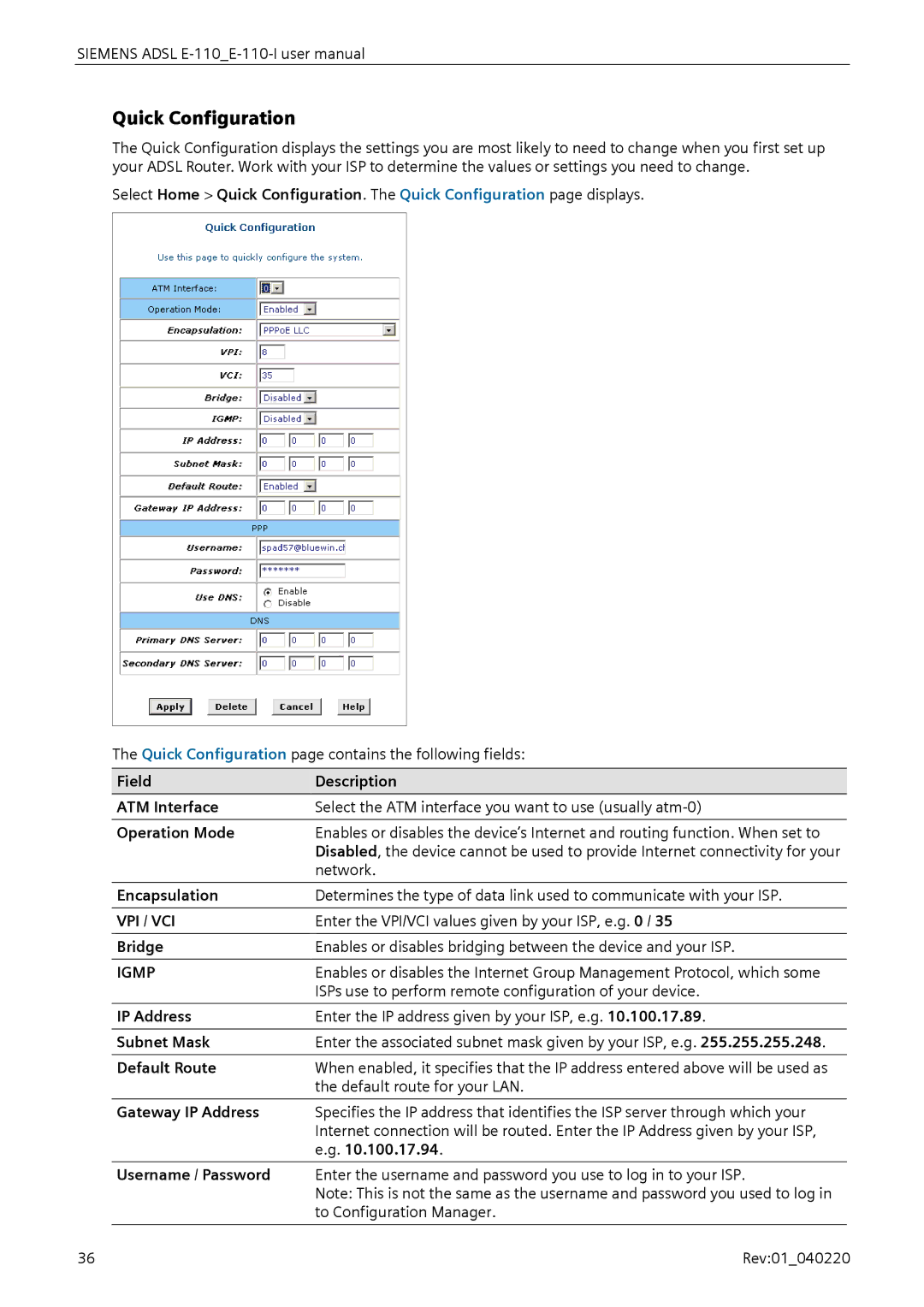 Siemens E-110-I user manual Quick Configuration 