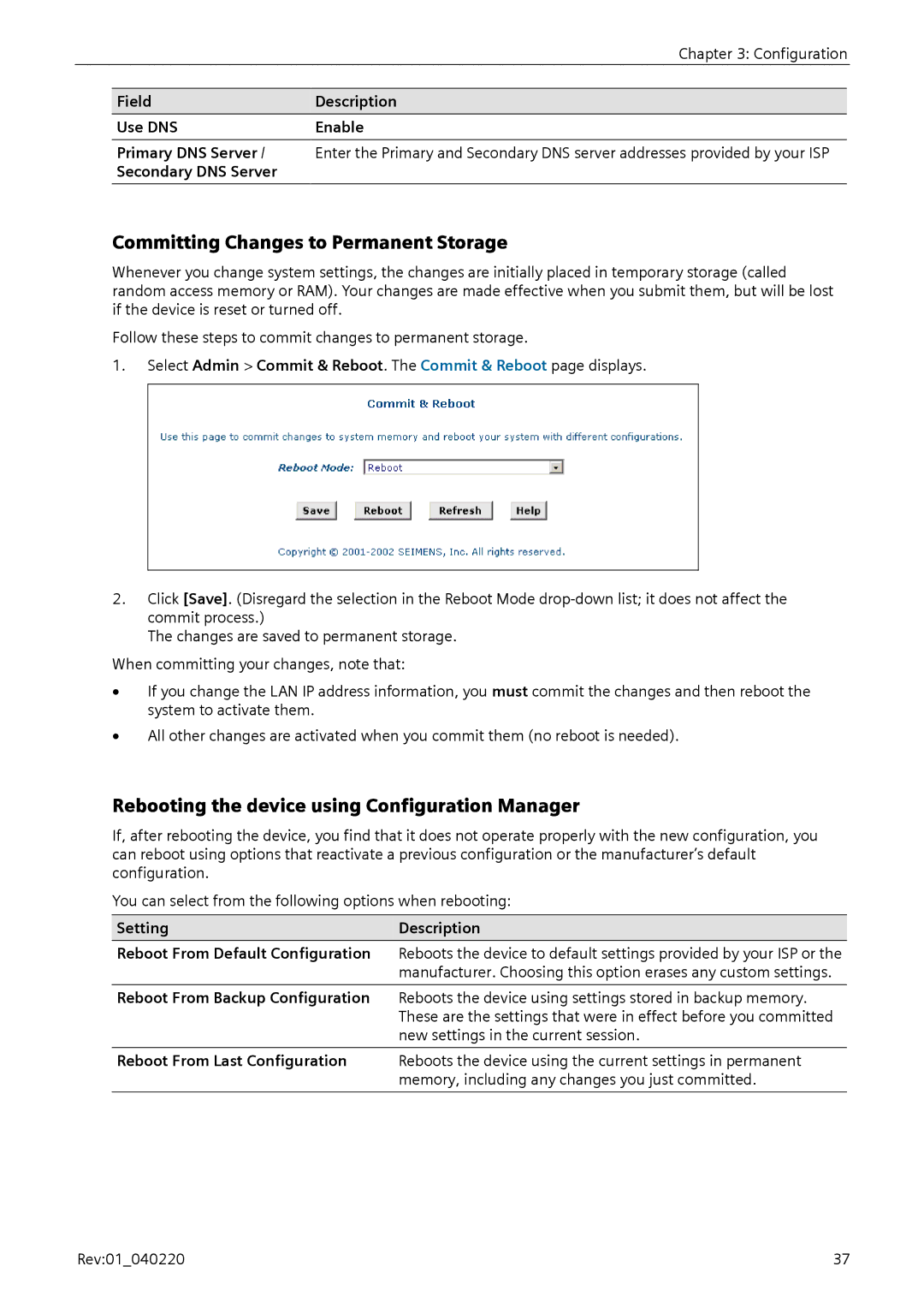 Siemens E-110-I user manual Committing Changes to Permanent Storage, Rebooting the device using Configuration Manager 