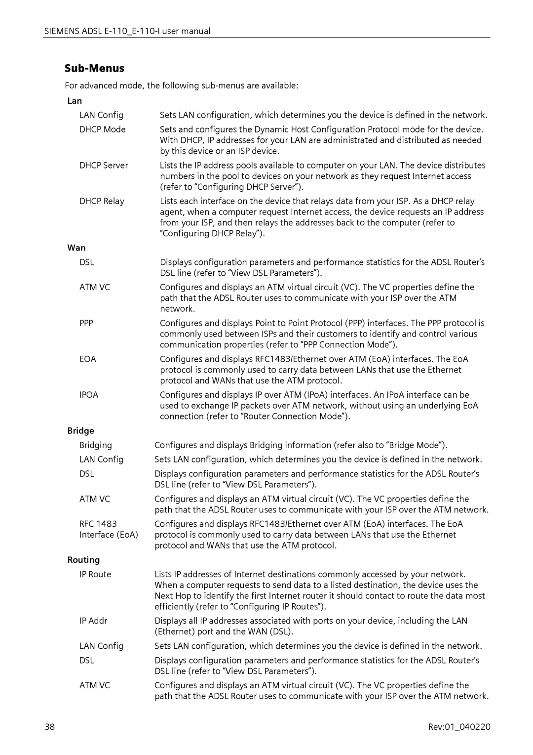 Siemens E-110-I user manual Sub-Menus, Dsl 