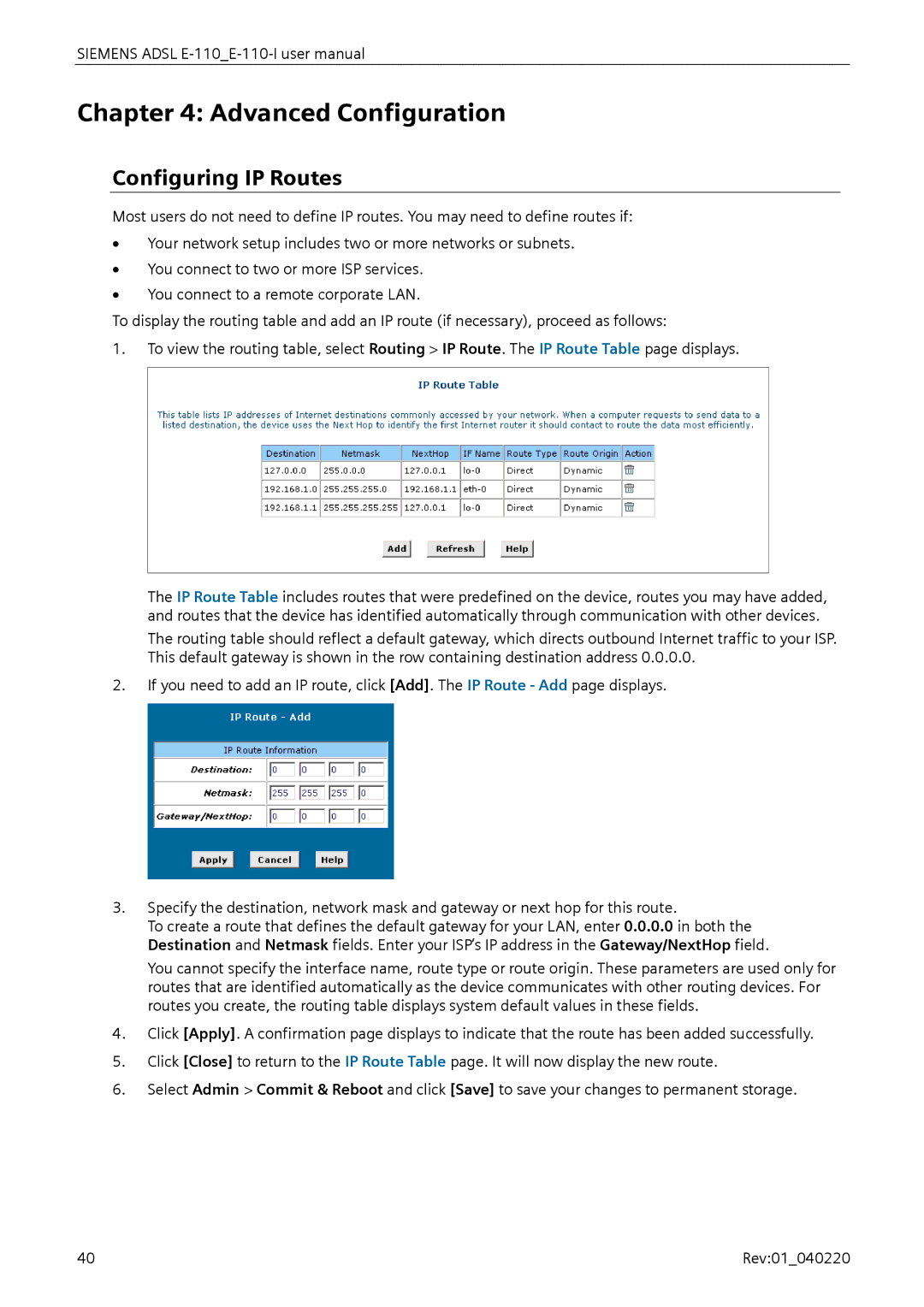 Siemens E-110-I user manual Advanced Configuration, Configuring IP Routes 