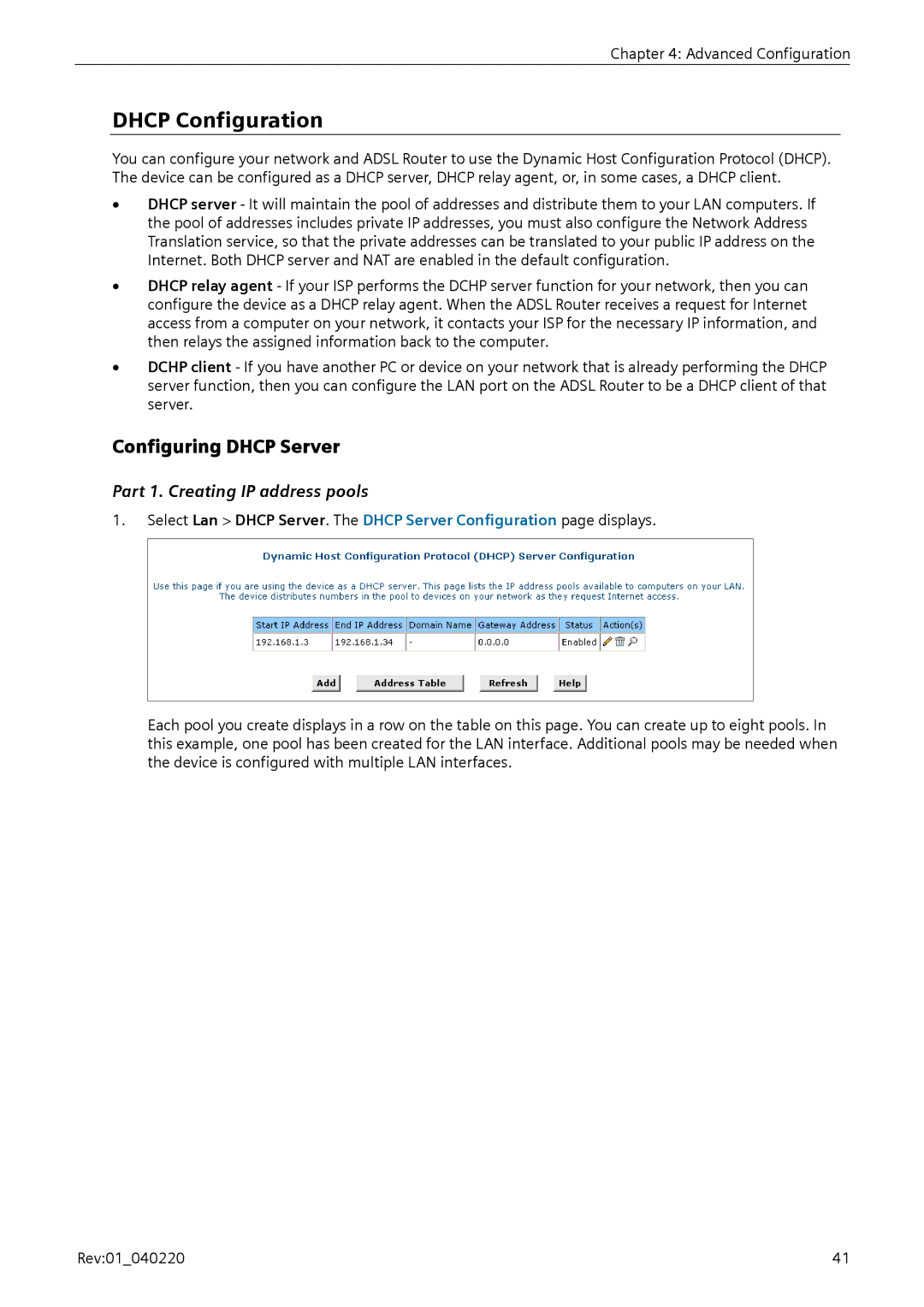 Siemens E-110-I user manual Dhcp Configuration, Configuring Dhcp Server, Part 1. Creating IP address pools 