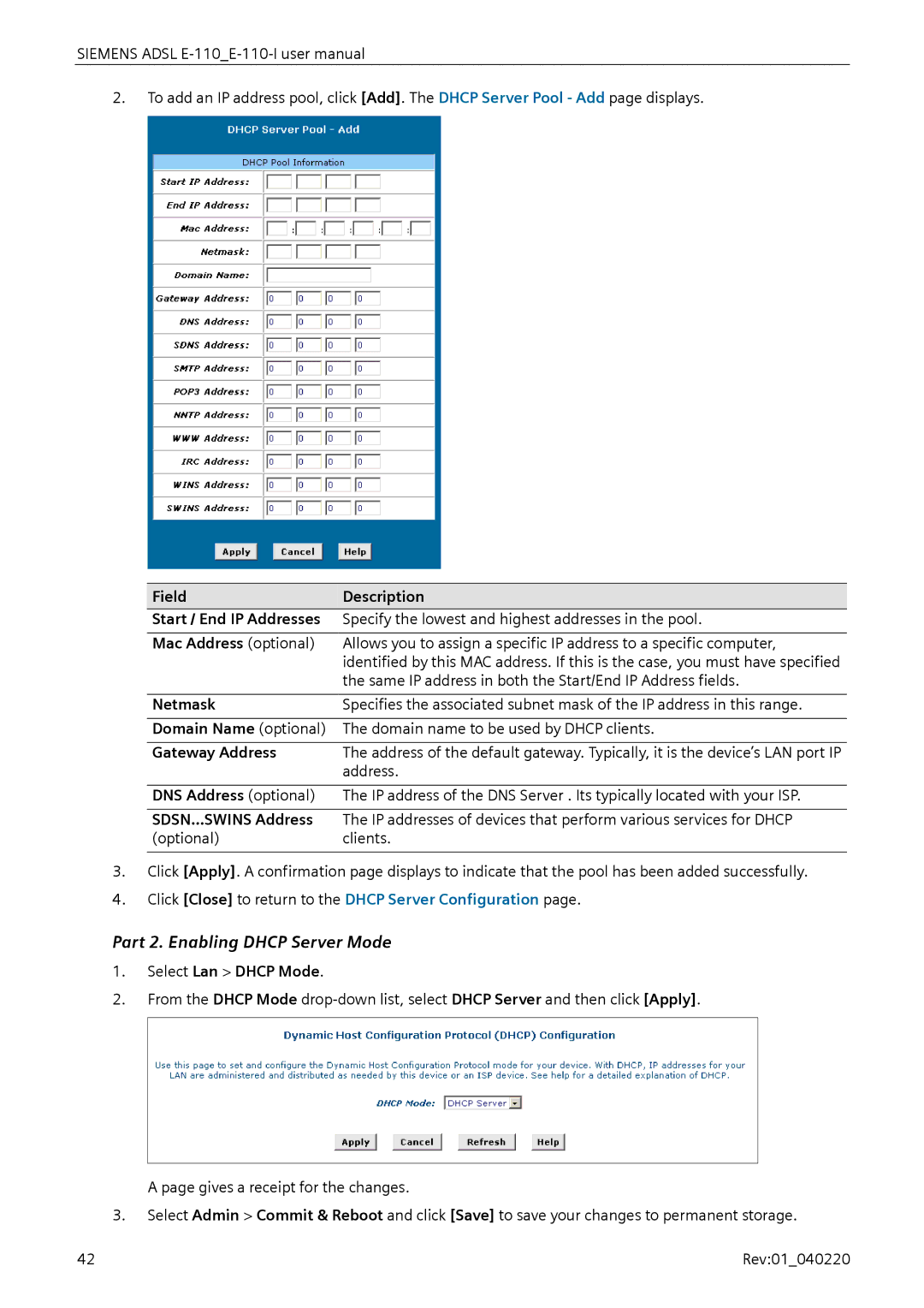 Siemens E-110-I user manual Part 2. Enabling Dhcp Server Mode 