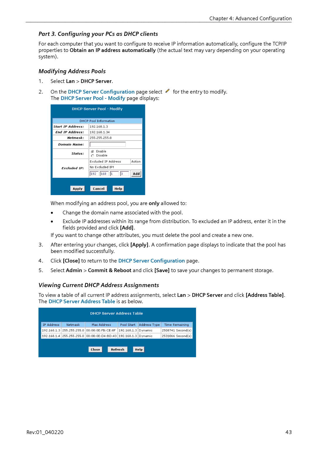 Siemens E-110-I Part 3. Configuring your PCs as Dhcp clients, Modifying Address Pools, Select Lan Dhcp Server 