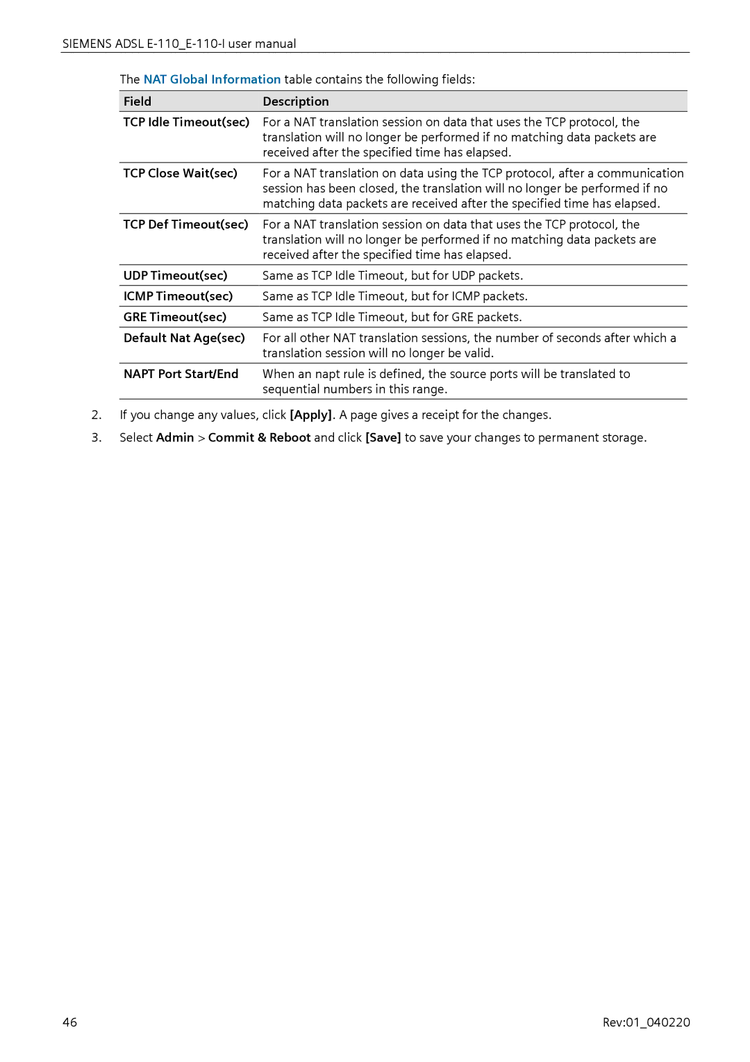 Siemens E-110-I user manual FieldDescription 