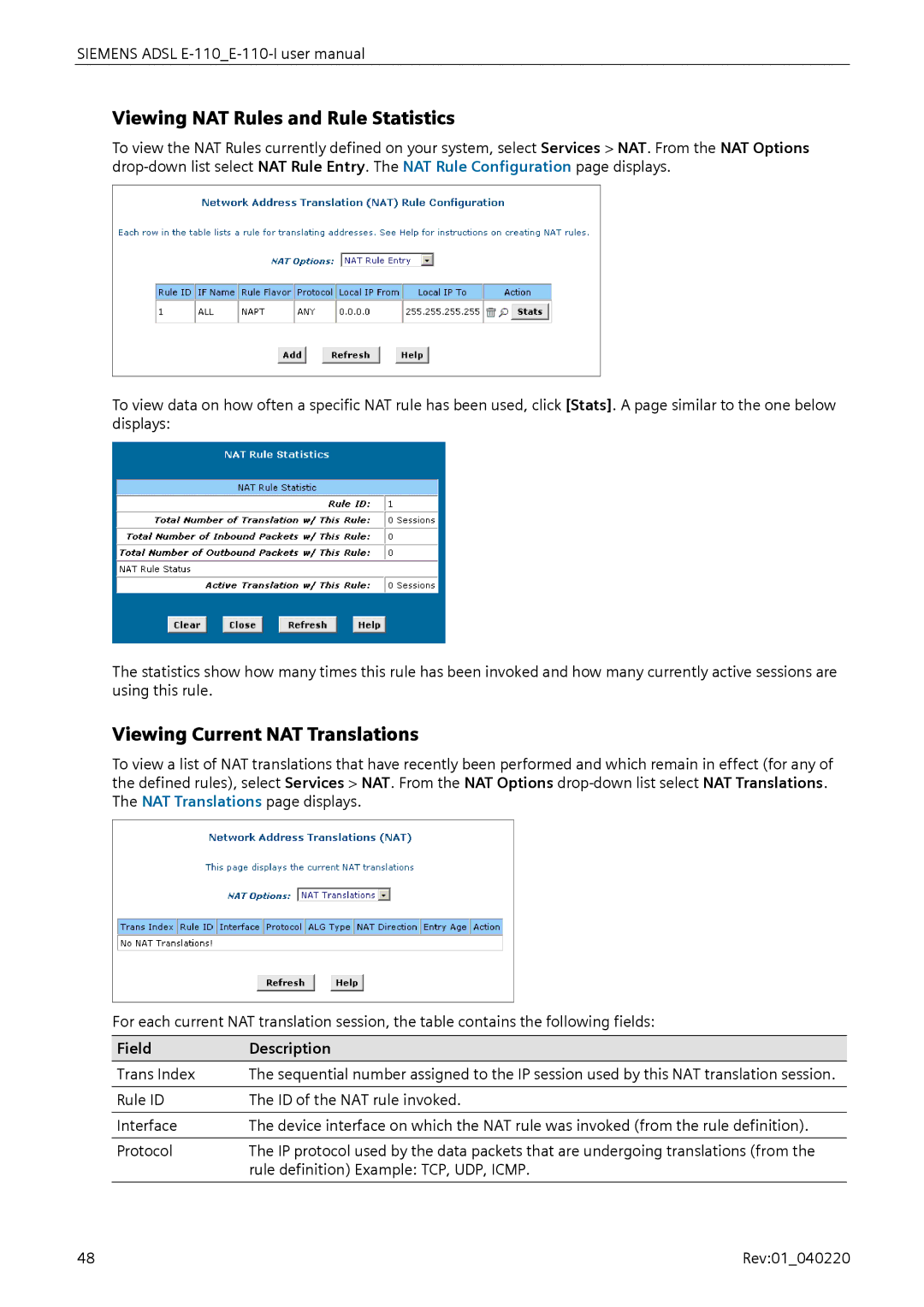 Siemens E-110-I user manual Viewing NAT Rules and Rule Statistics, Viewing Current NAT Translations, Field Description 